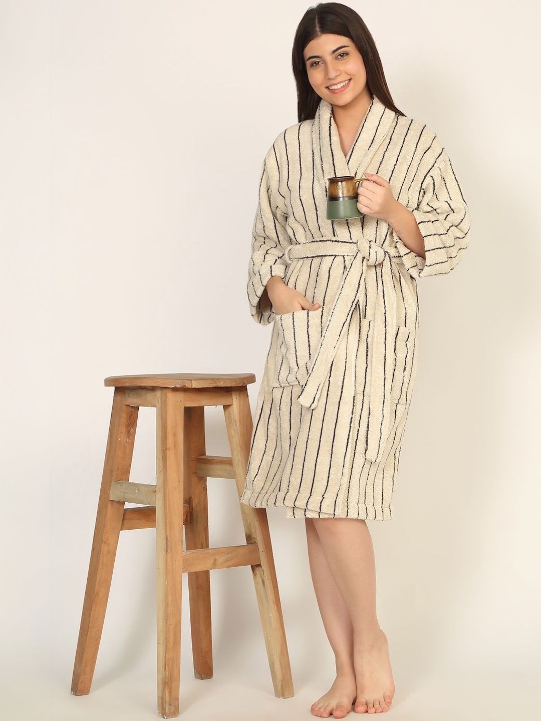 Creeva Unisex Striped Tie-Ups Cotton Bath Robe-picture-31