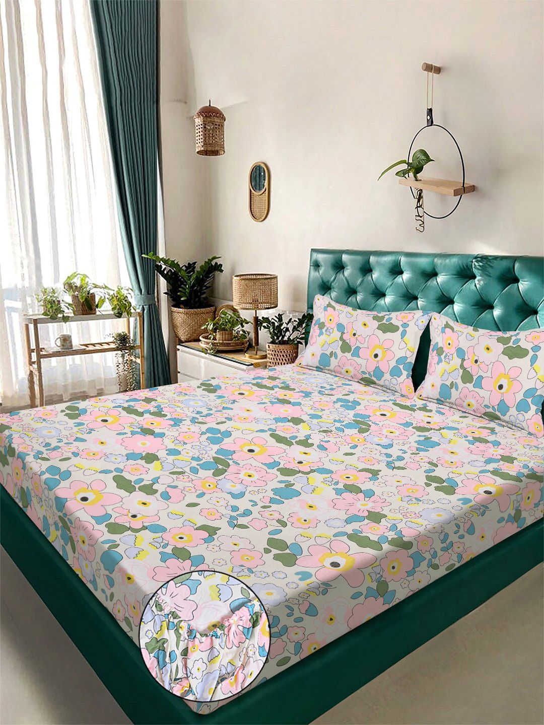 KLOTTHE Pink Floral Printed Fitted 300 TC Cotton Blend King Bedsheet With 2 Pillow Cover-picture-11