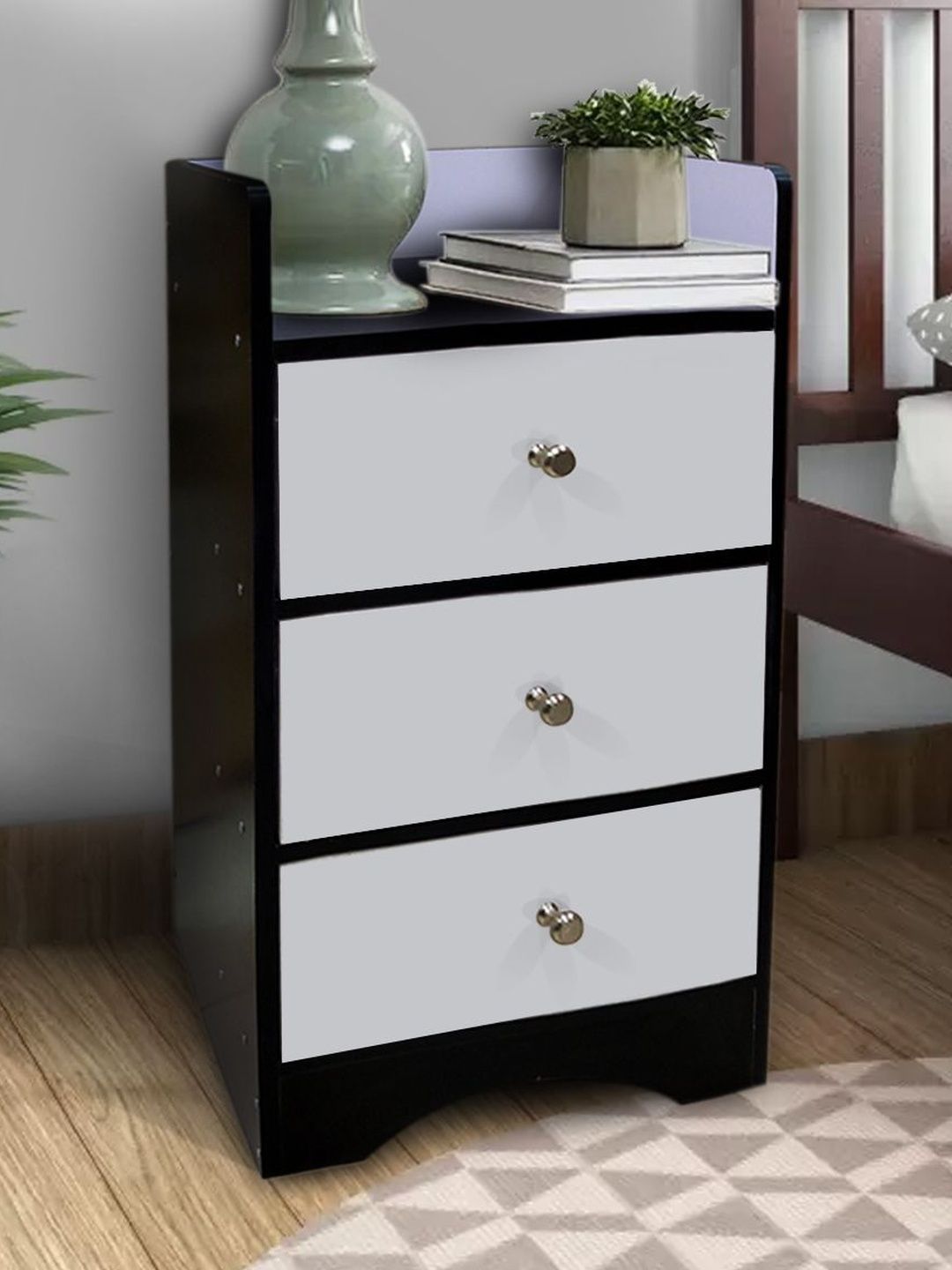 Kawachi Black & White Wooden 3 Drawer Bedside Table
