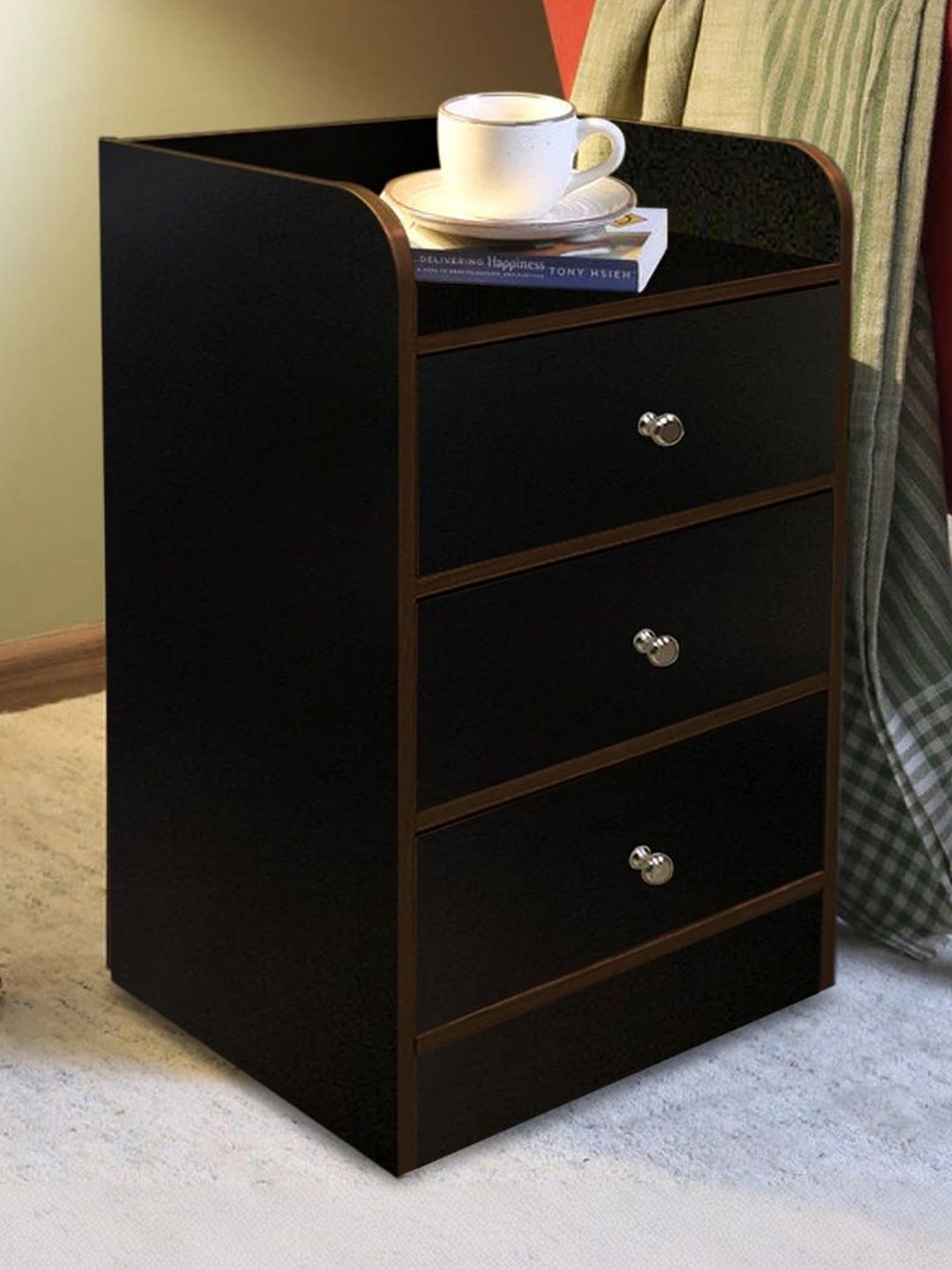 Kawachi Black Wooden 3 Drawer Bedside Table