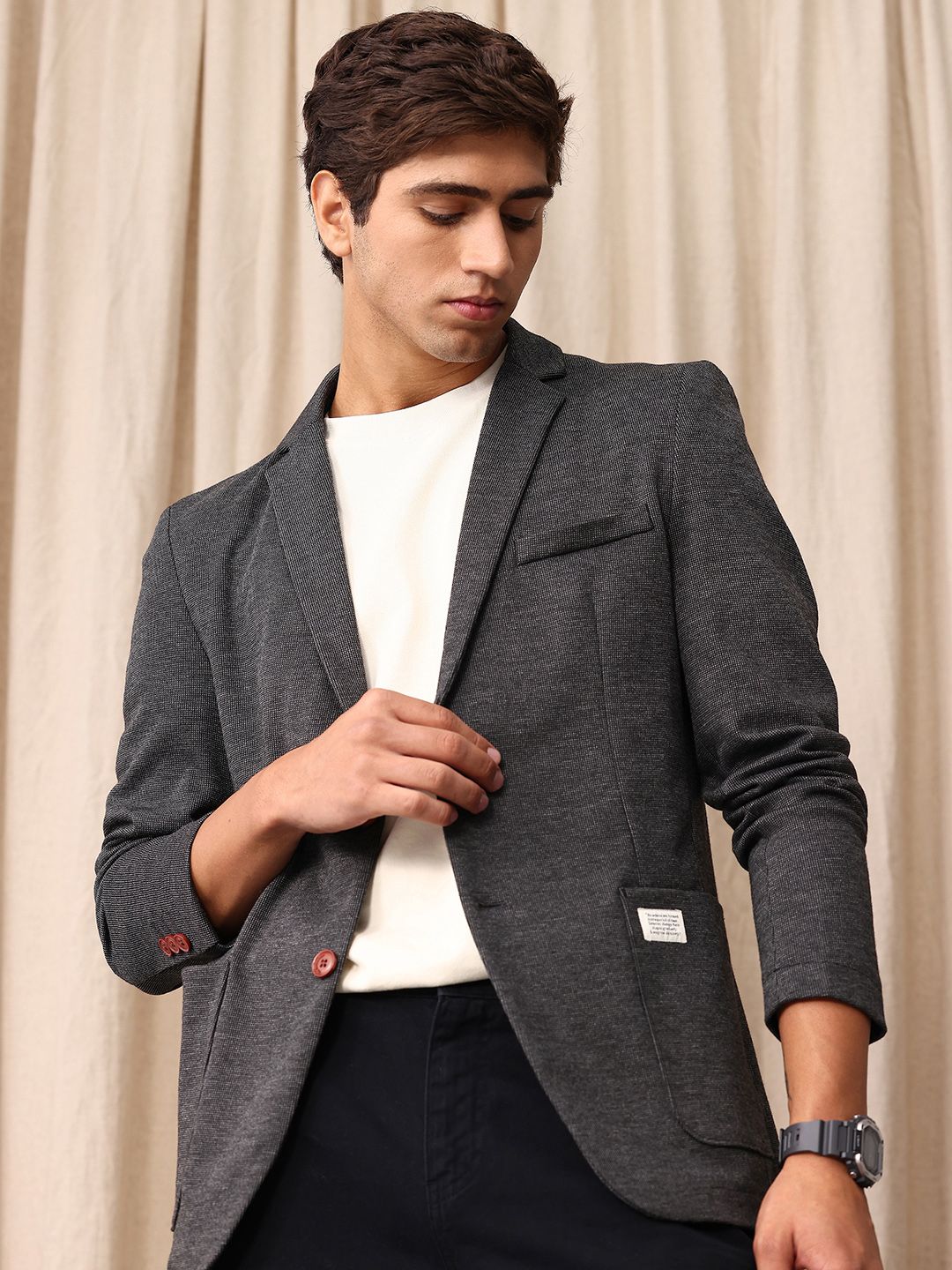 Mr Bowerbird Tailored Fit Self Design Textured Single Breasted Casual Blazer-picture-20