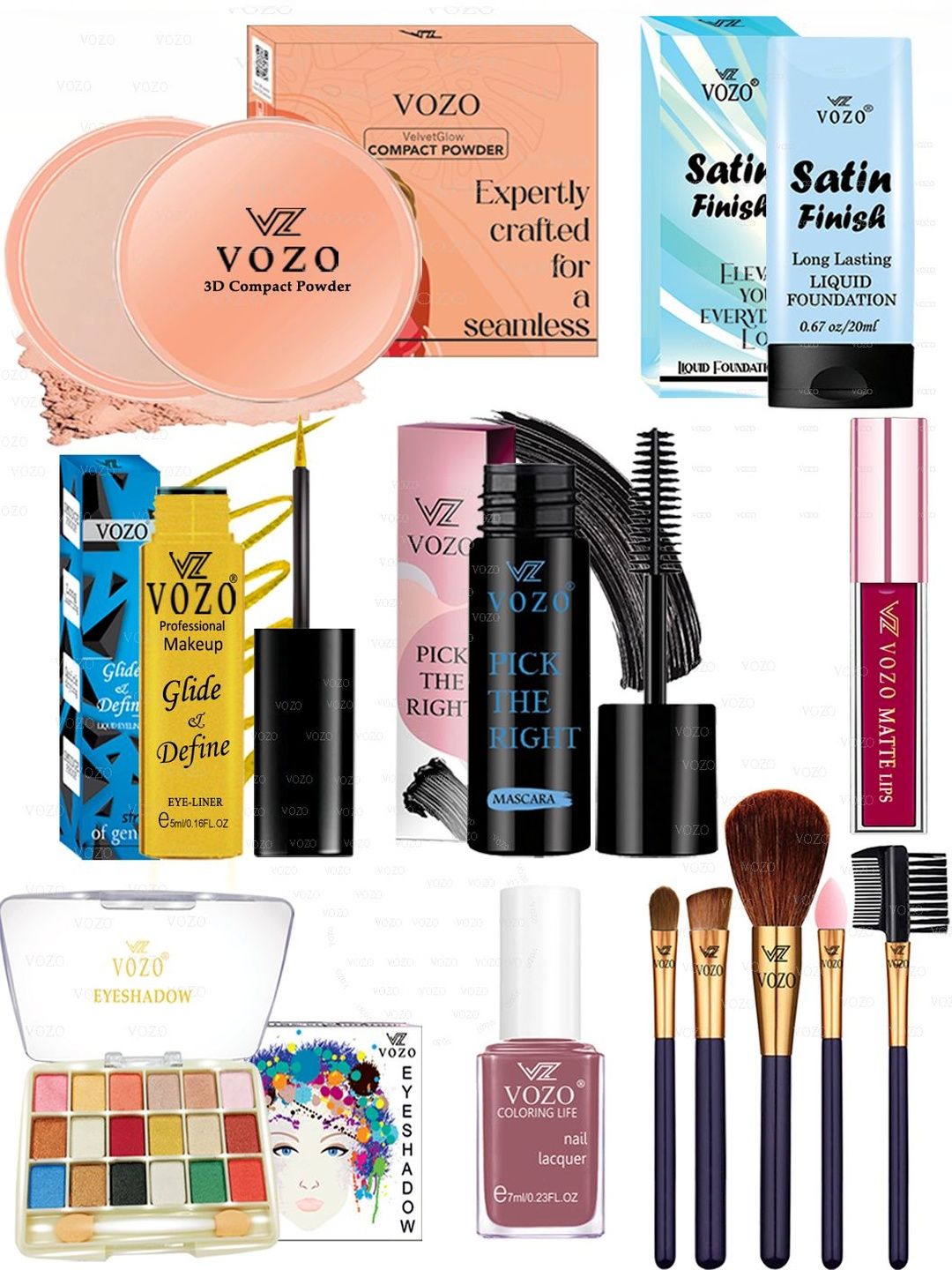 VOZO Set Of 12 Lipstick, Eyeliner, Compact Powder, Eyeshadow, Brushes & Nail Polish-picture-51