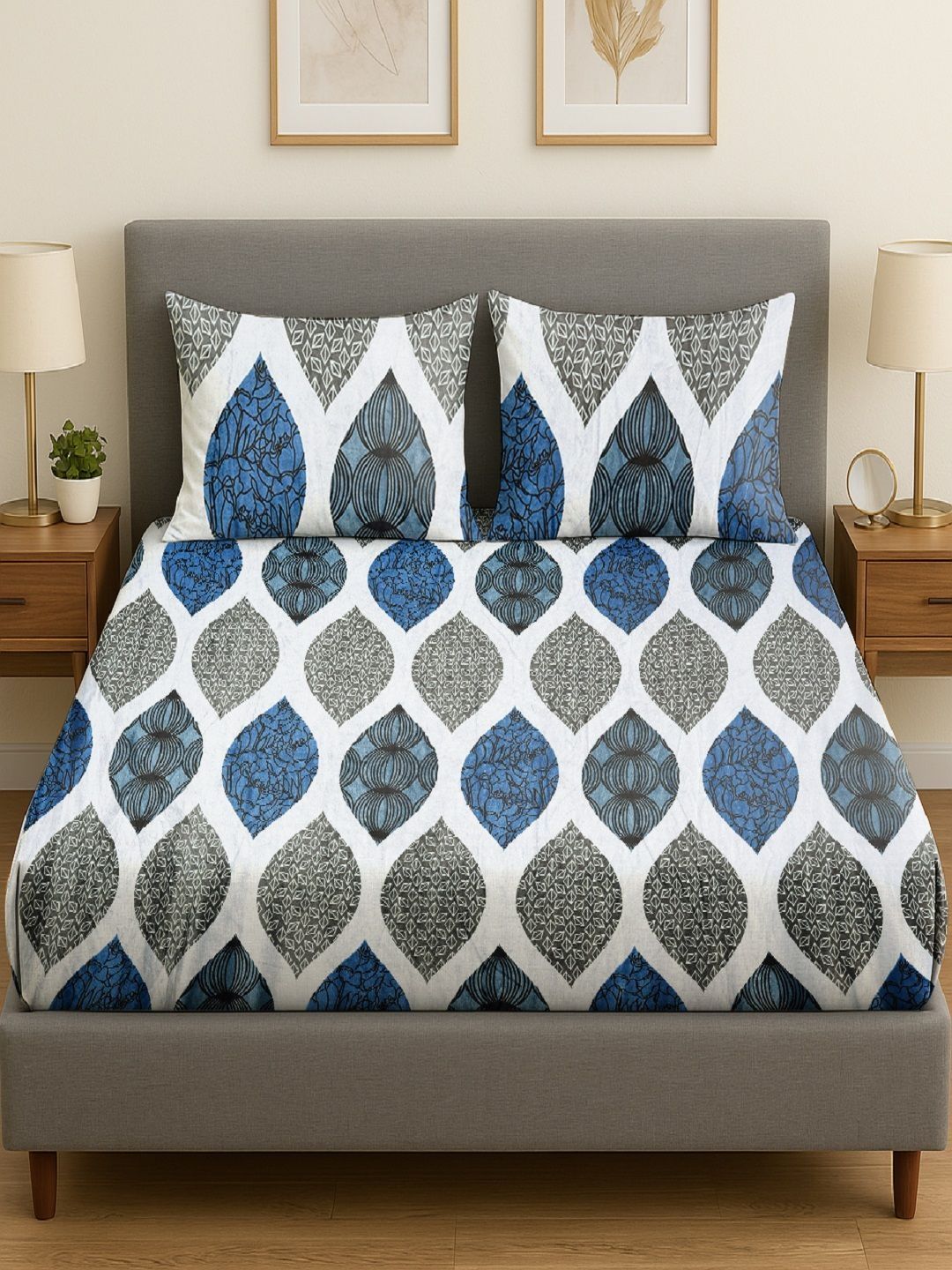 RRC Blue & White Floral 300 TC Bedsheet with 2 Pillow Covers-image-40