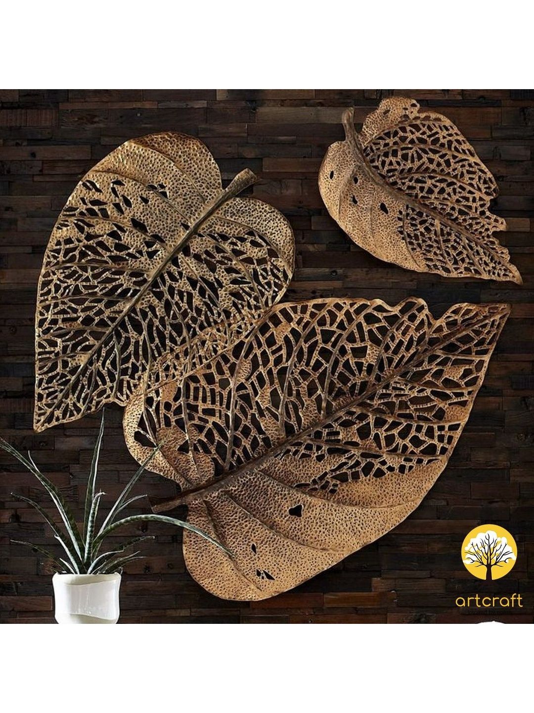 ArtCraft Unisex Set of 3 Venation Leaf Pure Brass Matte Hall Wall Decor-image-6