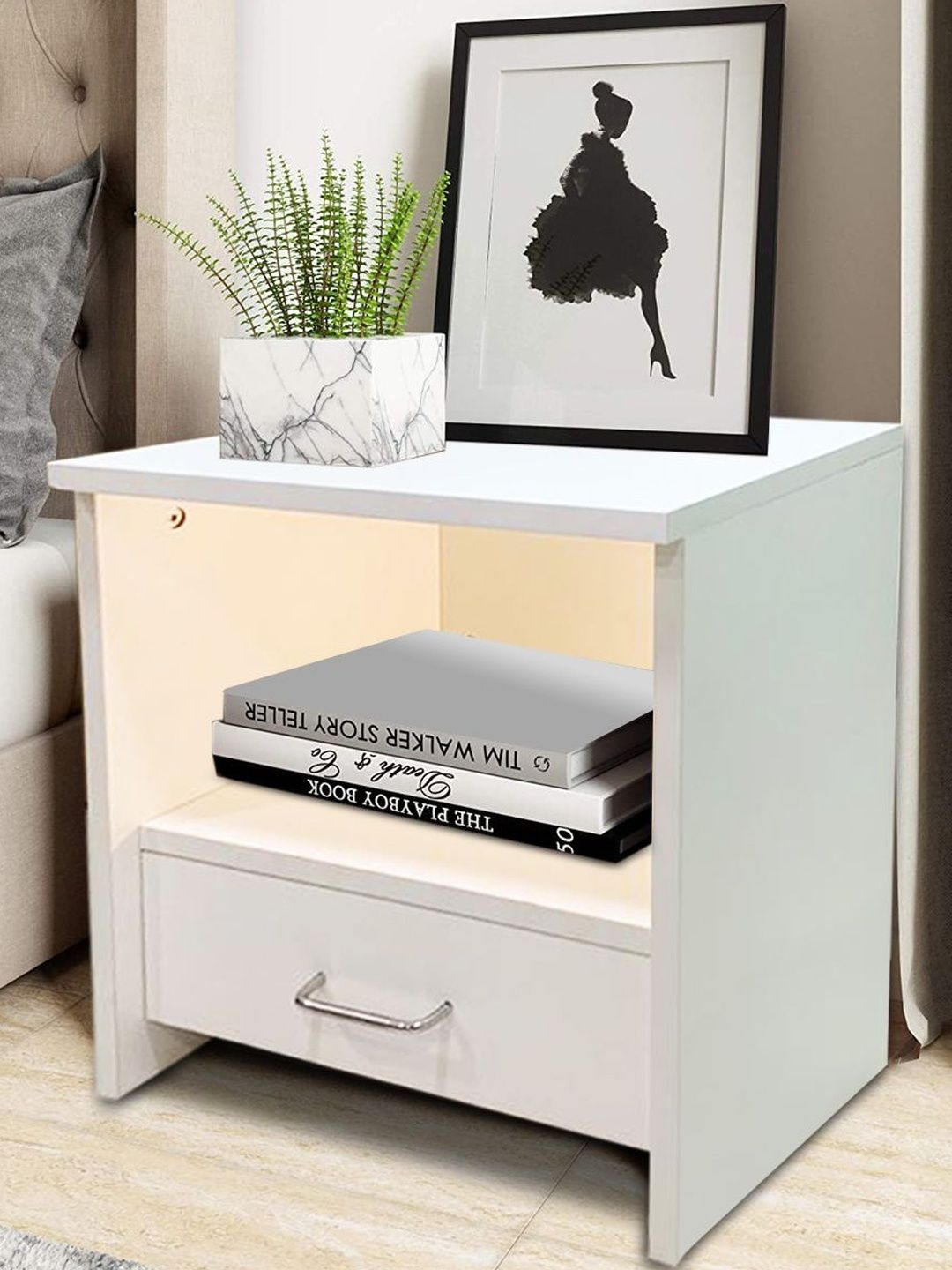 Kawachi White Wooden Single Drawer Bedside Table