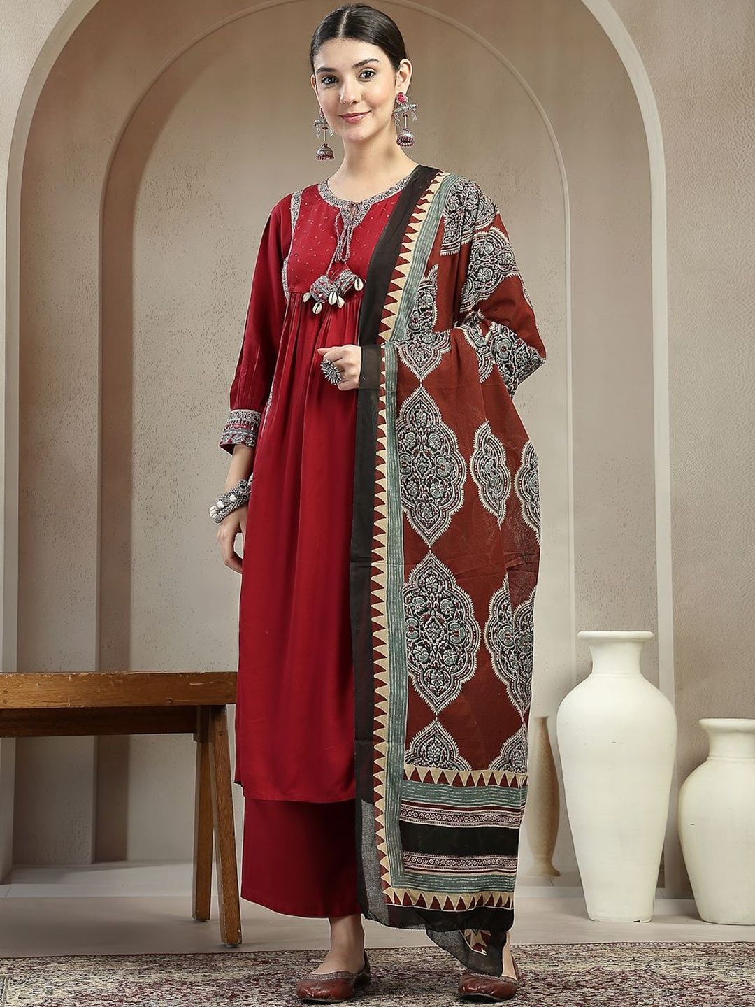 Sangria Printed Sequined Pure Cotton A-Line Kurta & Trousers With Dupatta-picture-23