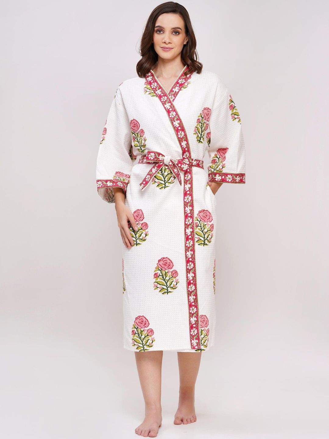 POORAK Pink Floral Printed Tie-Ups Knee Length Cotton Bath Robe-image-19