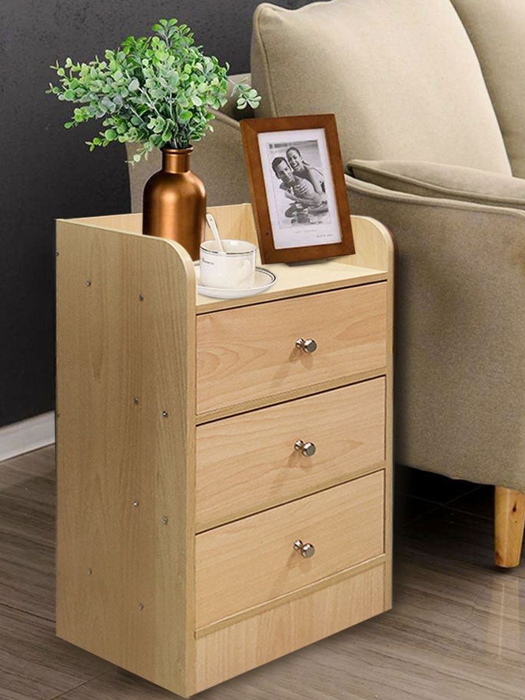 Kawachi White Wooden 3 Drawer Bedside Table