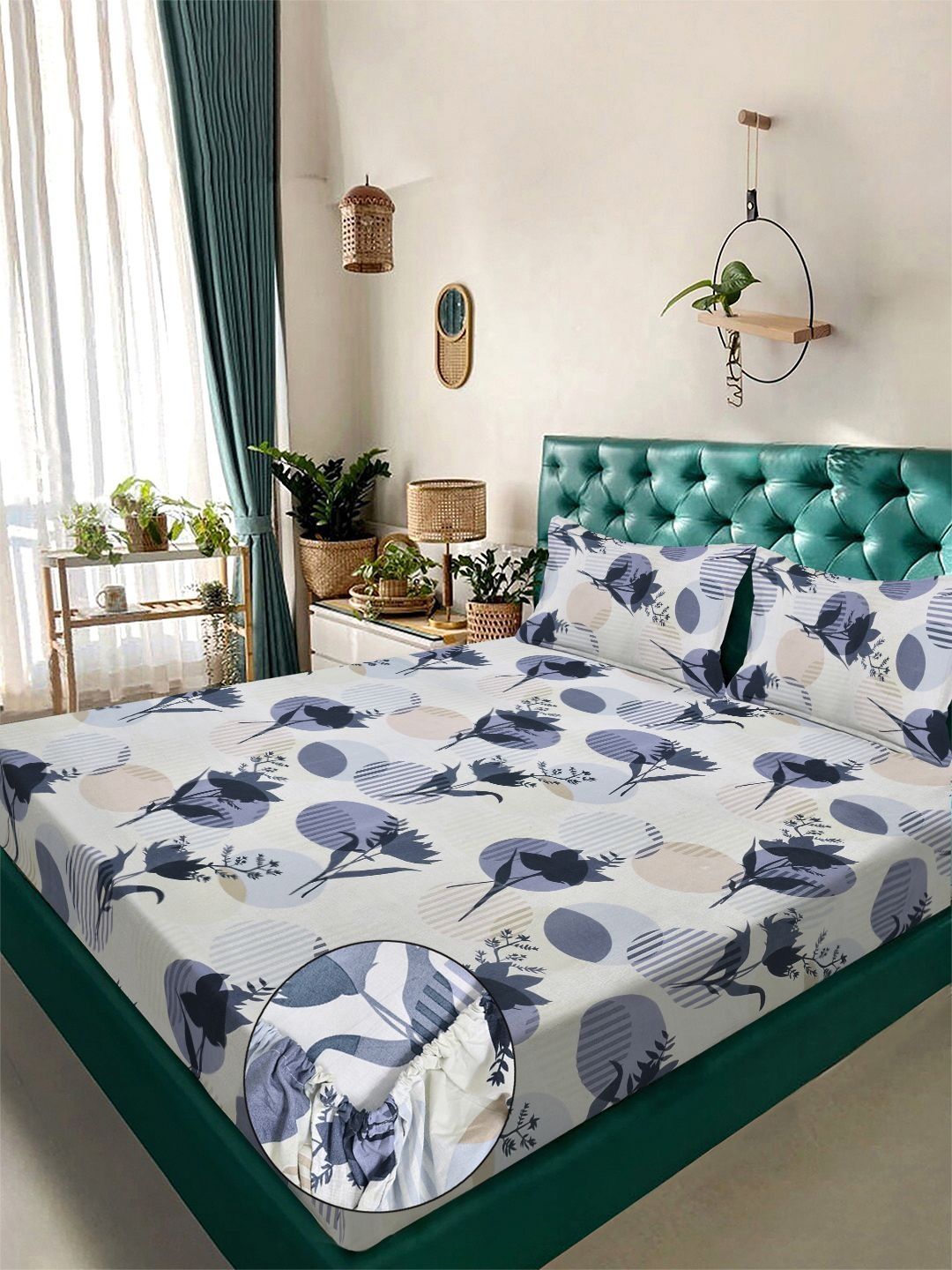 KLOTTHE Blue Floral 300 TC Double Size Fine Bedsheet With Pillow Covers - 98 x 88 In-image-40