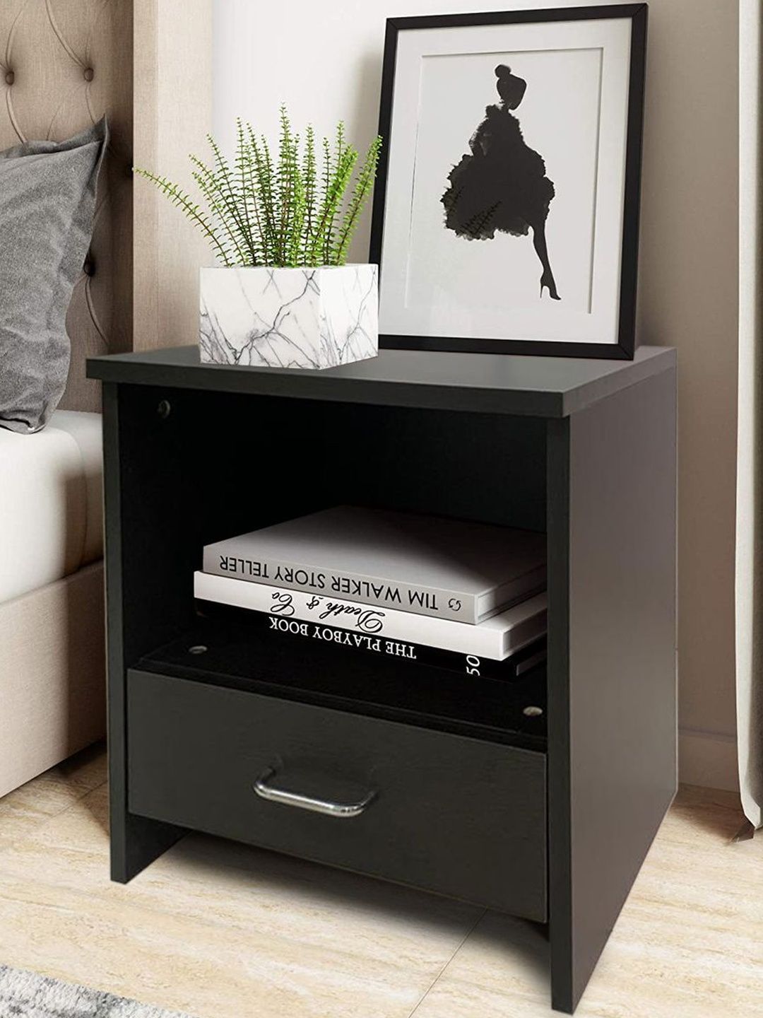 Kawachi Black Wooden Single Drawer Bedside Table