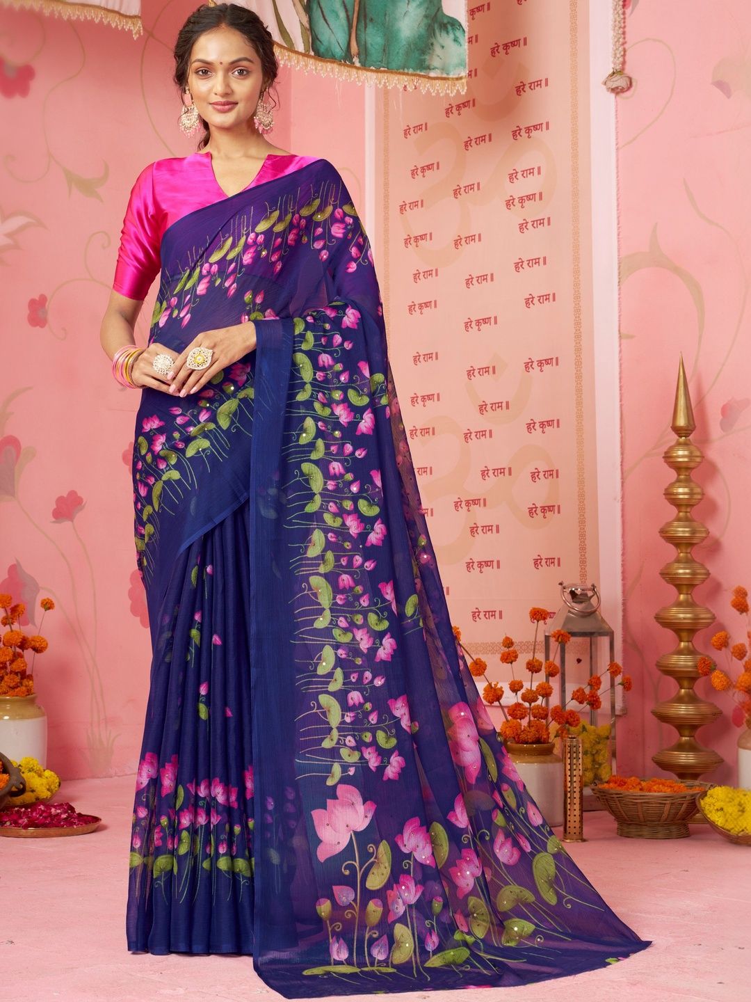 Garden Vareli Floral Sequinned Pure Chiffon No Border Saree-picture-26