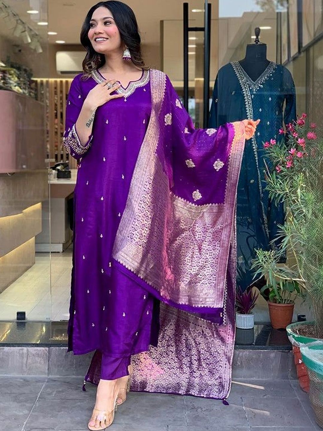 DIVASTRI Women Ethnic Motifs Embroidered Regular Thread Work Pure Cotton Kurta with Trousers & With Dupatta-picture-30