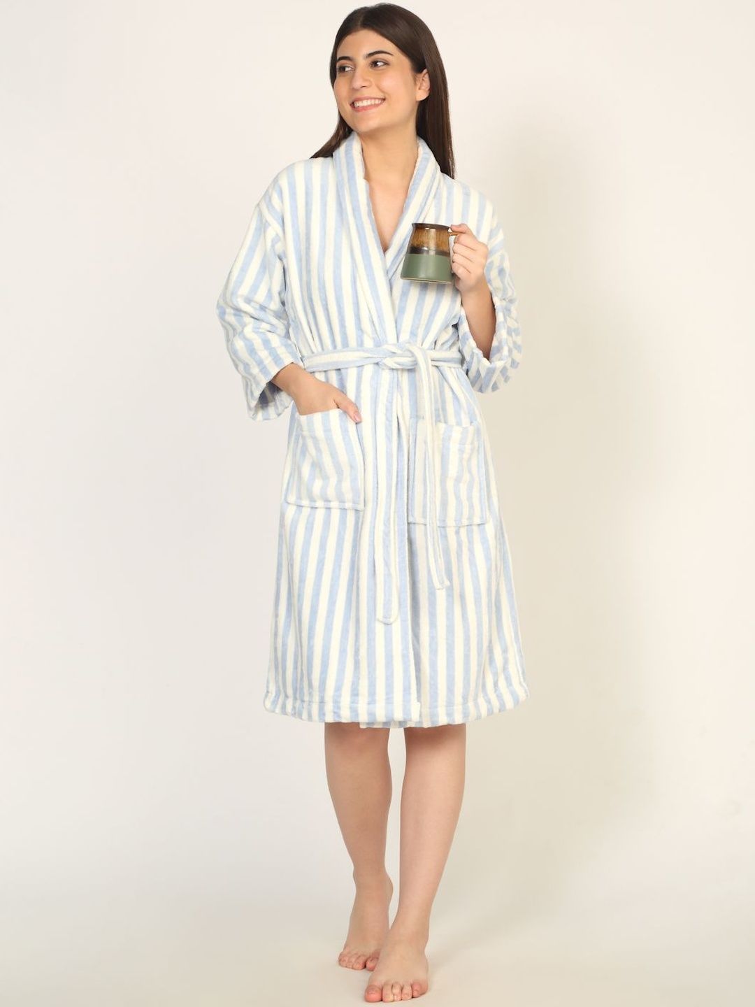 Creeva Unisex Striped Print Tie-Ups Detail Cotton Bath Robe-picture-32