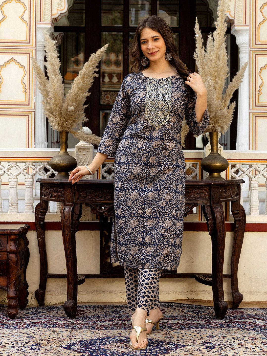 SURHI Women Floral Embroidered Round Neck Mirror Work Cotton Kurta-picture-25