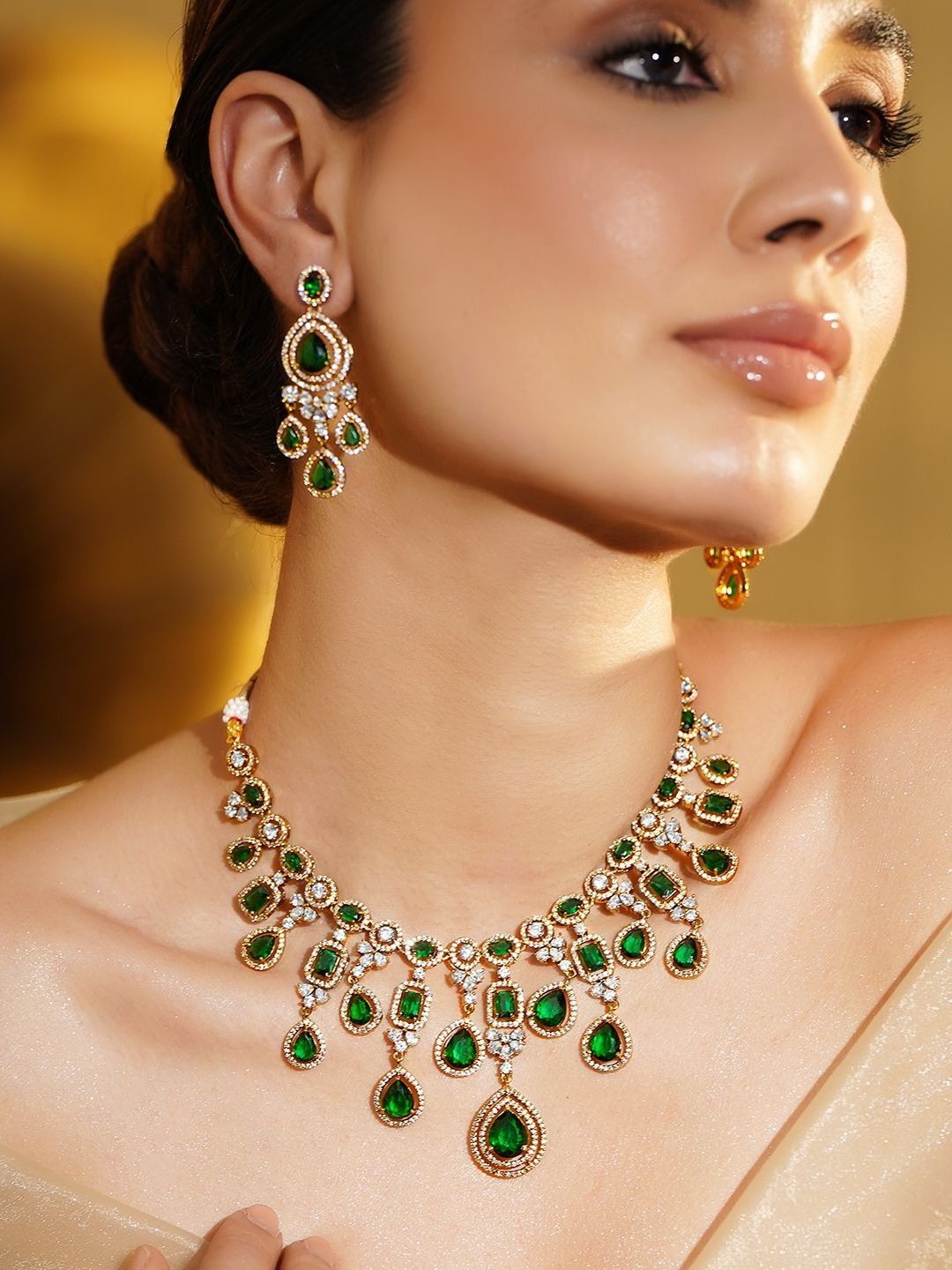 Rubans 22K Gold-Plated Emerald & AAA Cubic Zirconia-Studded Jewellery Set-picture-22