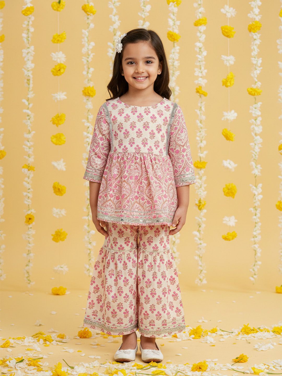 Sangria Girls Floral Printed Pleated Gotta Patti Pure Cotton Kurti With Sharara-picture-19