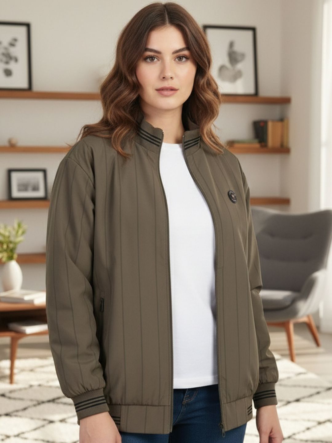 Promount Women Striped Stand Collar Lightweight Bomber Jacket-picture-3
