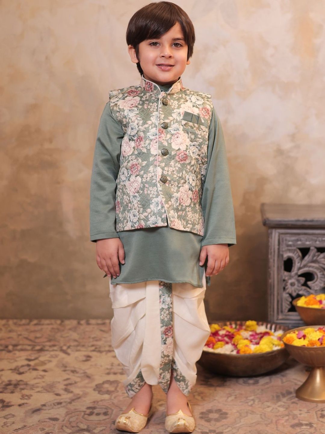 Aj DEZInES Boys Band Collar Pure Cotton Kurta With Dhoti Pant & Nehru jacket-picture-28