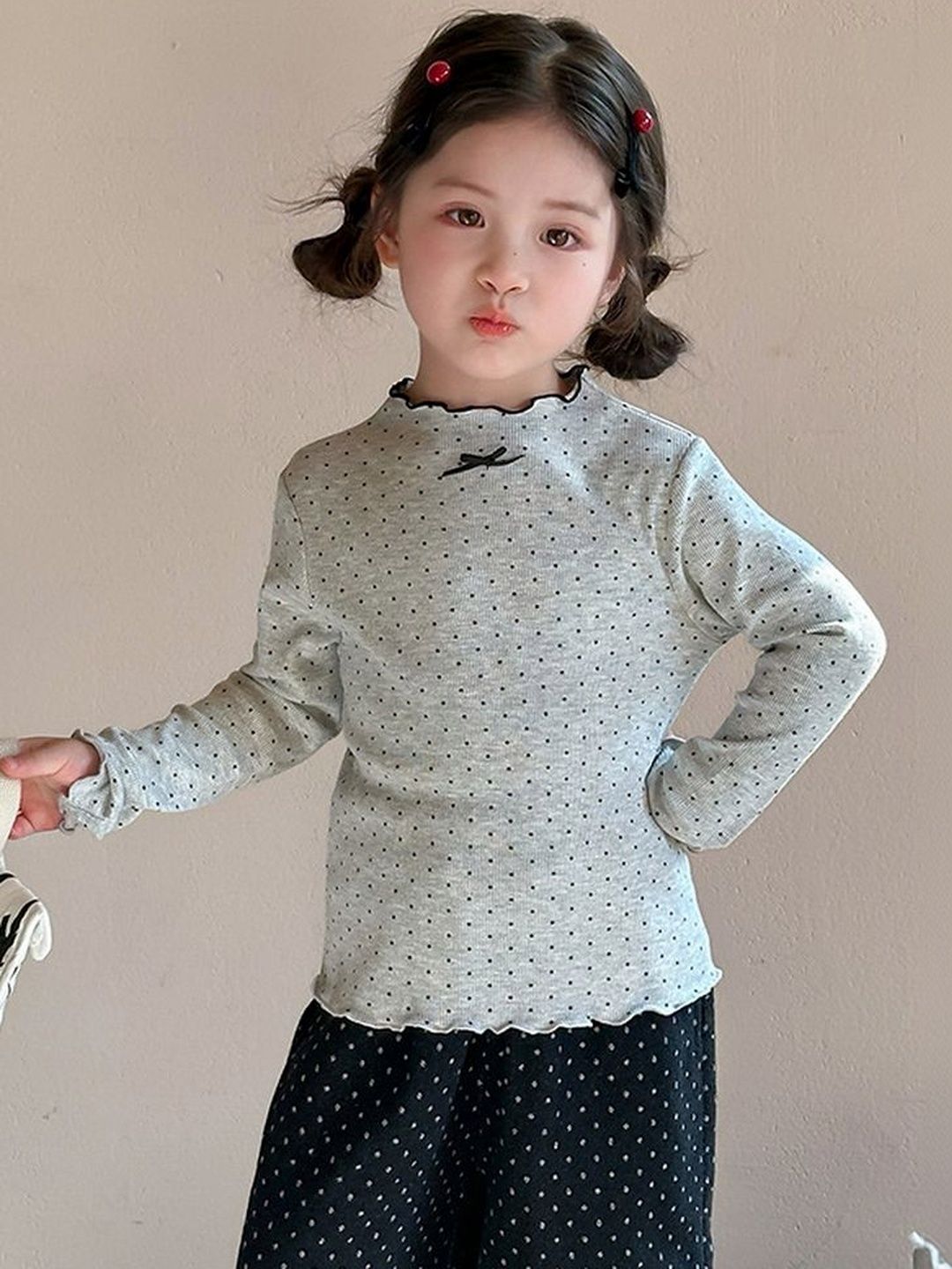 LULU & SKY Polka Dot Printed Long Mock Neck Sleeves Cotton Top-picture-12