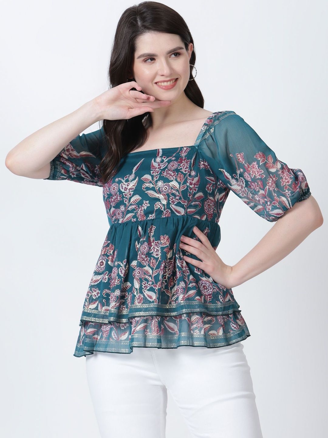 DRAPE AND DAZZLE Women Floral Printed Puff Sleeve Peplum Top-picture-50