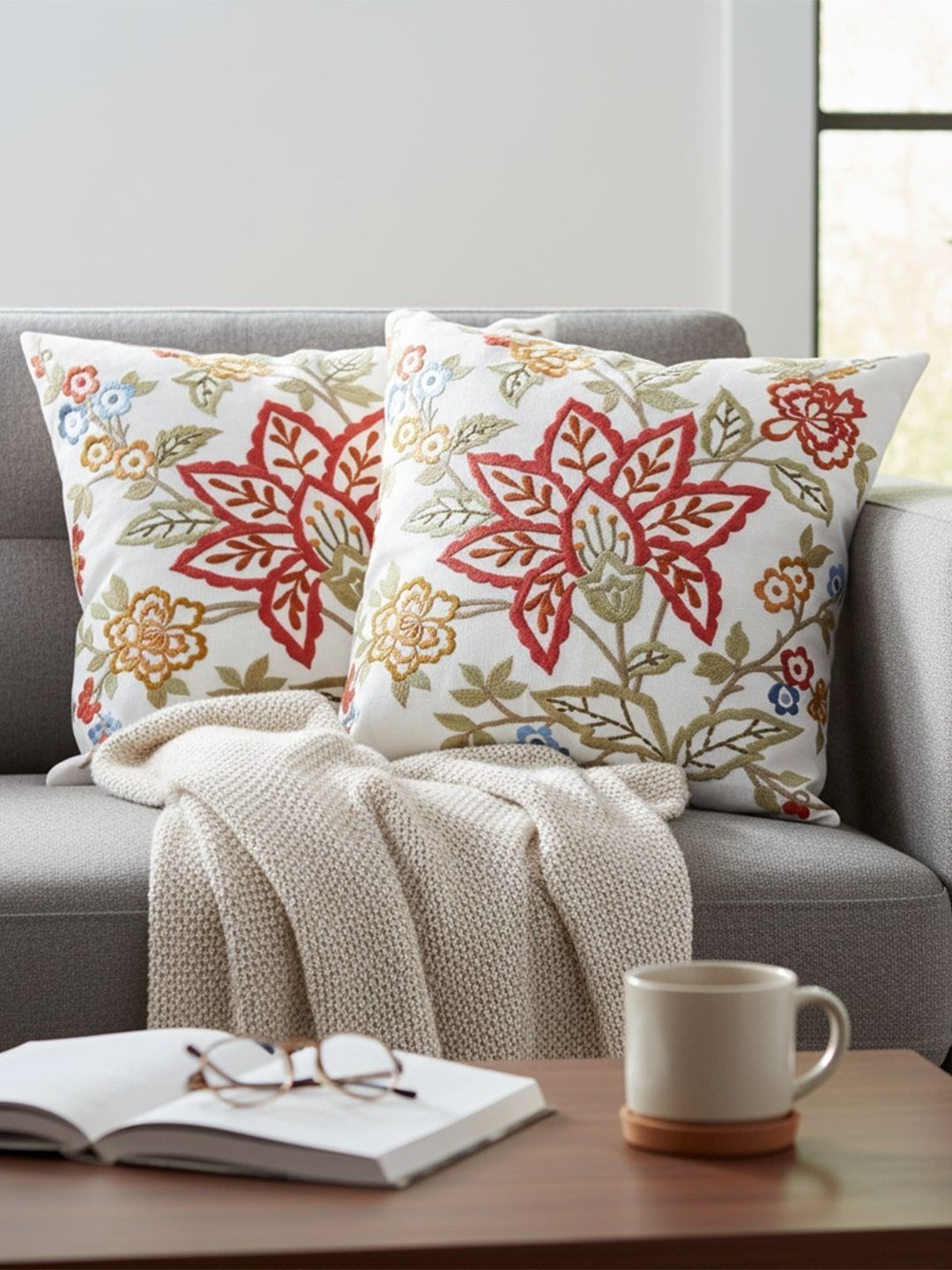 IZAAFA Brown & Green Set of 2 Embroidered Square Cushion Covers-image-48