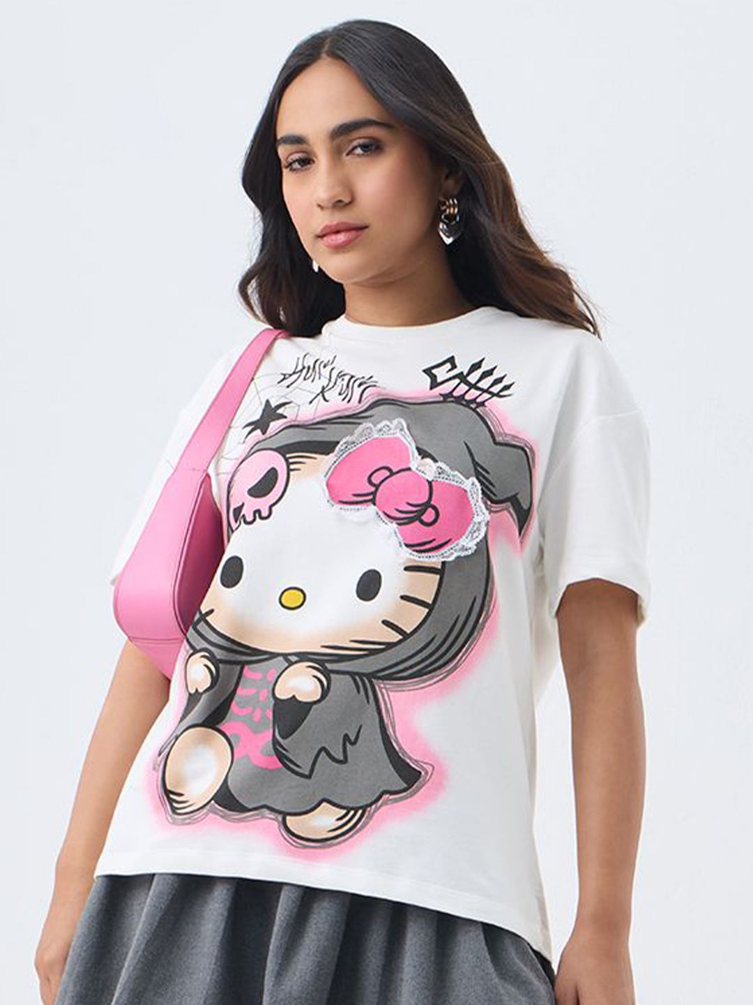 The Souled Store Women Hello Kitty Graphic Printed Pure Cotton Oversized T-shirt-picture-16