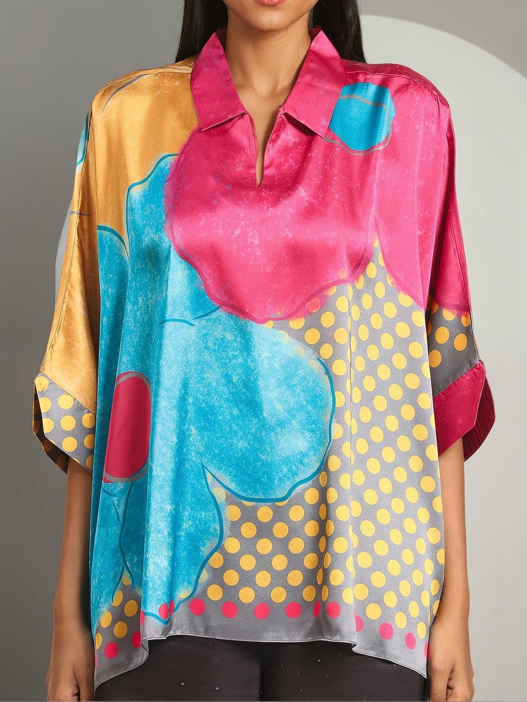 Satya Paul Women Floral Printed Flared Sleeve Satin Kaftan Top-image-31