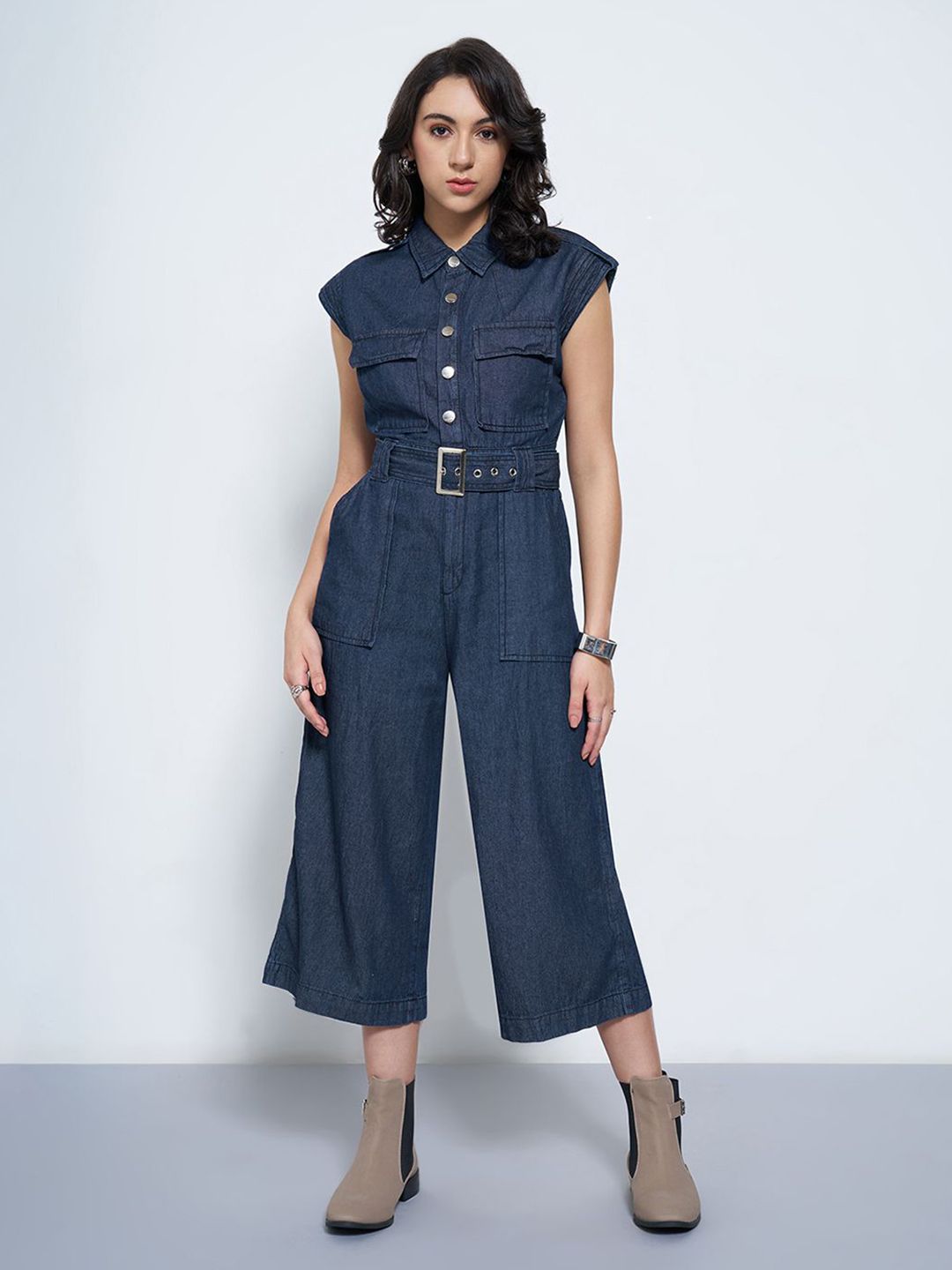 SF JEANS by Pantaloons Shirt Collar Cap Sleeves Culotte Jumpsuit-image-49