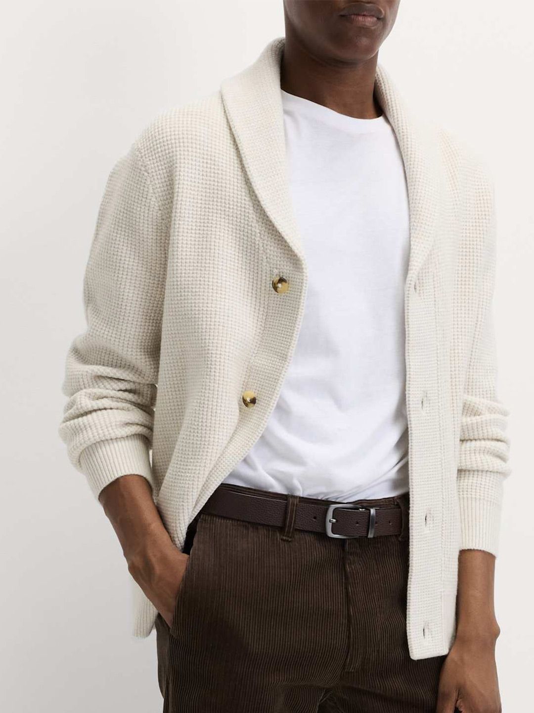 Marks & Spencer Men Air-Yarn Waffle Knit Shawl Neck Cardigan-image-15