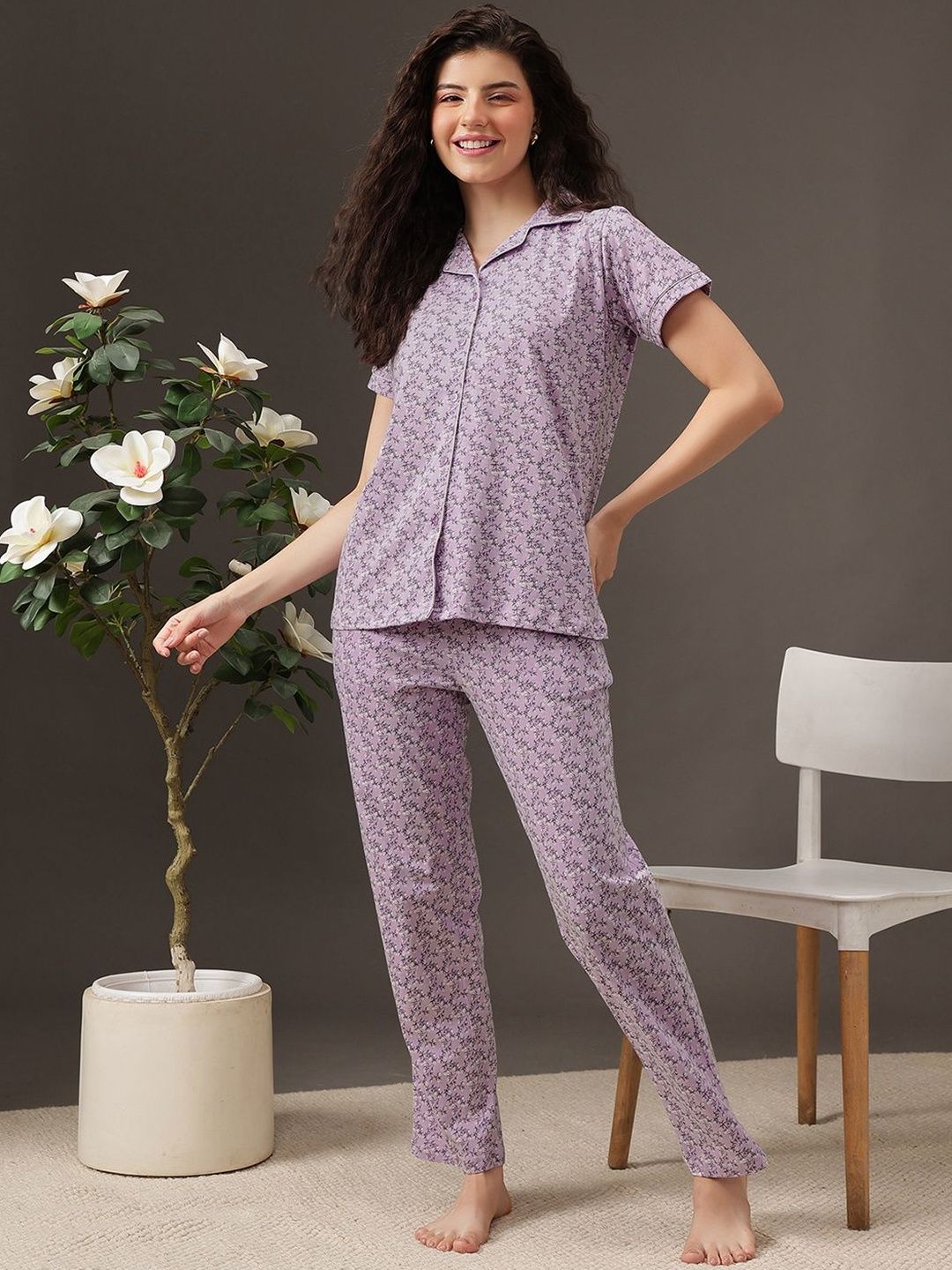 Clovia Women Printed Pure Cotton T-shirt & Pyjamas Night suit-picture-21
