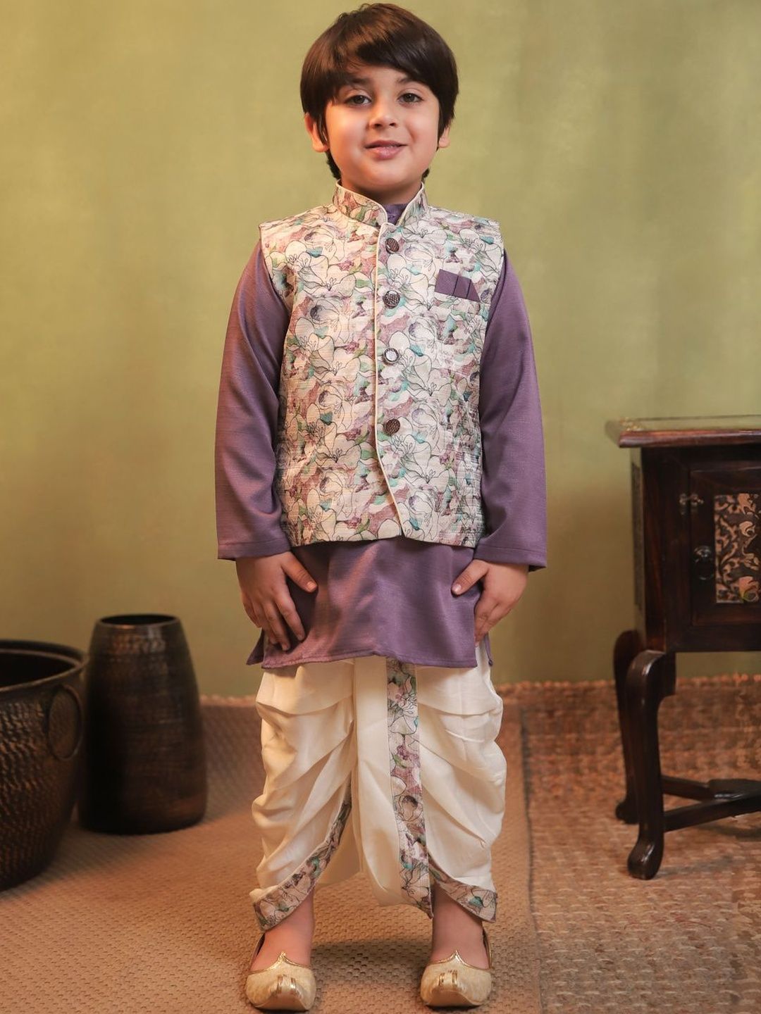 Aj DEZInES Boys Band Collar Pure Cotton Kurta With Dhoti Pant & Nehru jacket-picture-32
