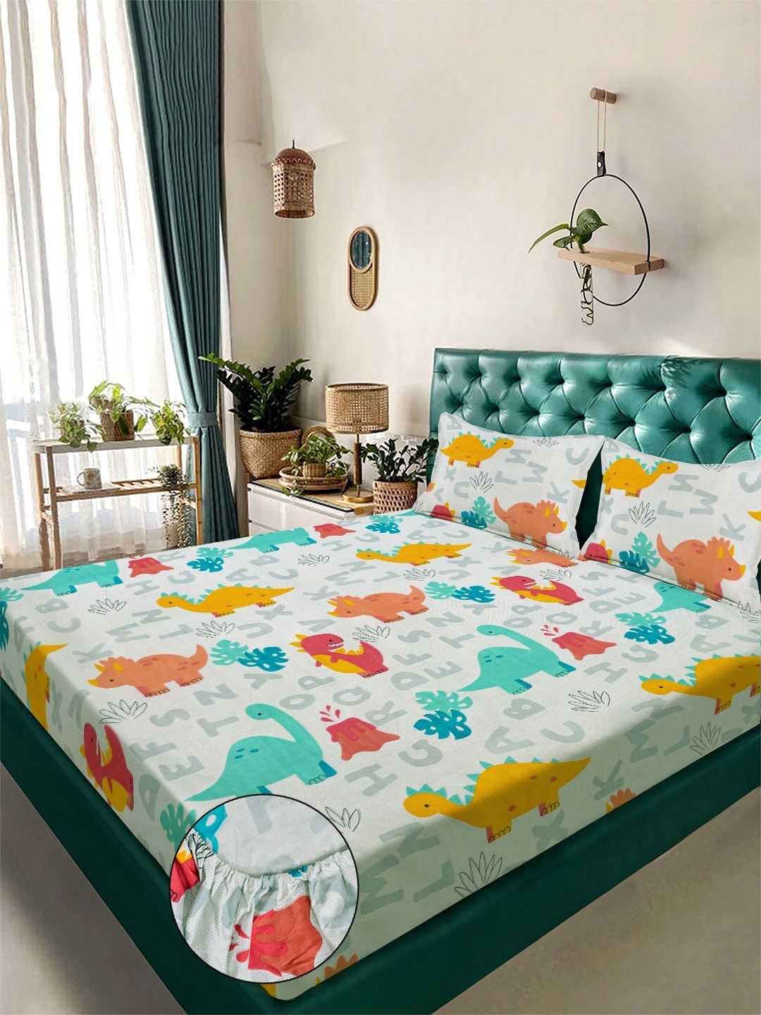 KLOTTHE White Cartoon Printed Fitted 300 TC Cotton Blend King Bedsheet With 2 Pillow Cover-image-5