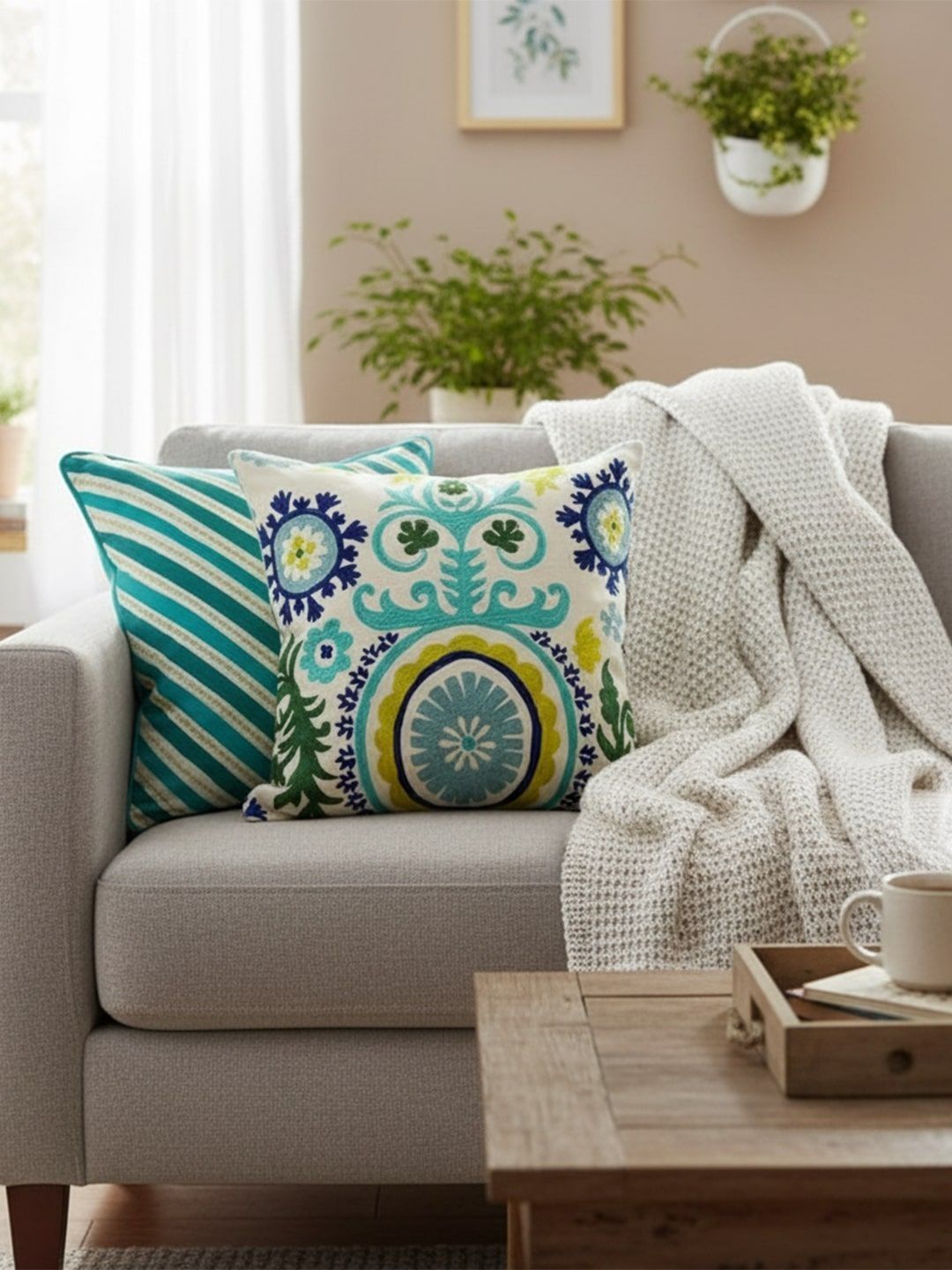 IZAAFA Green & White Set of 2 Embroidered Square Cushion Covers-image-25