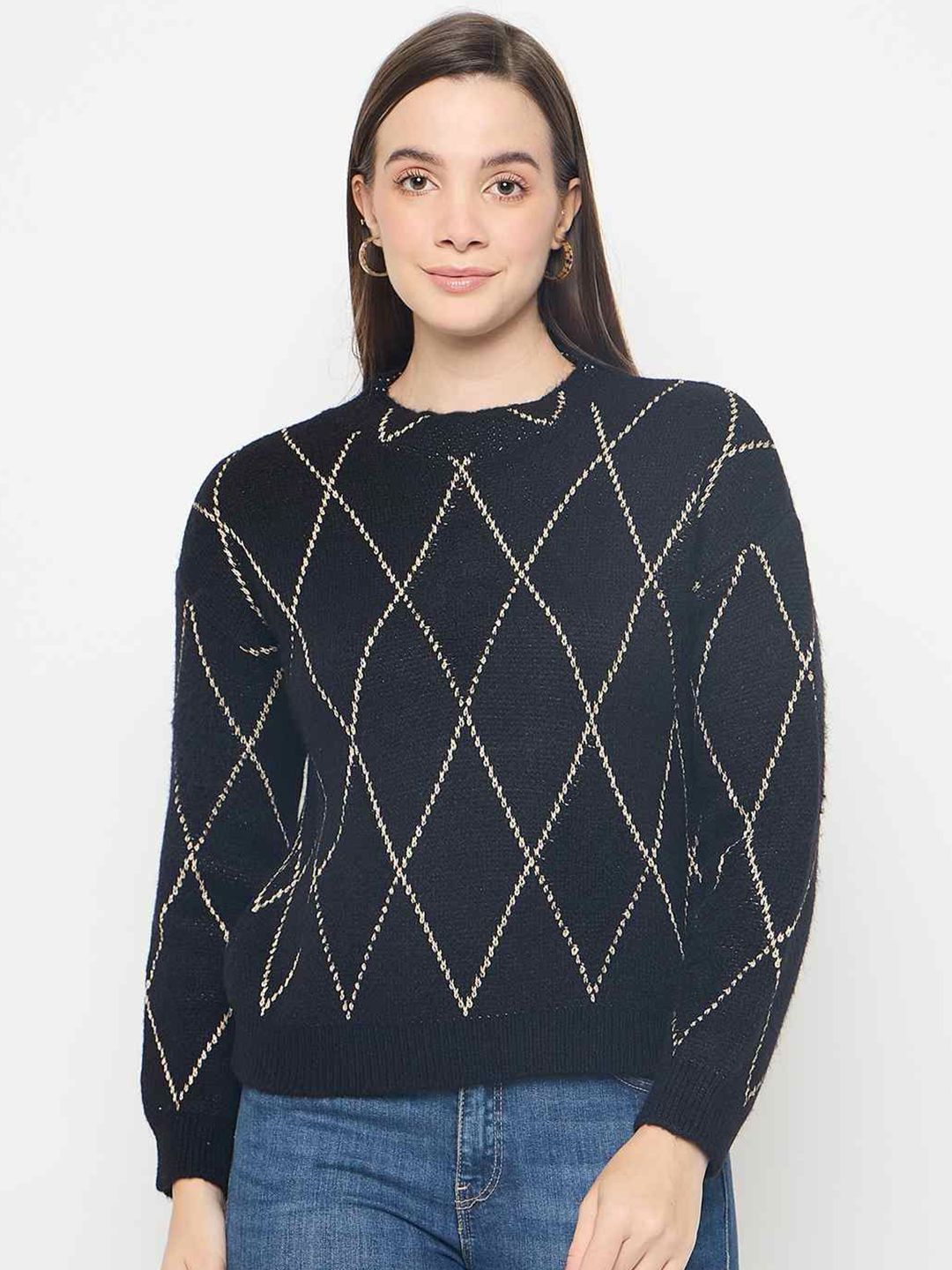 Madame Women Argyle Round Neck Pullover-picture-33