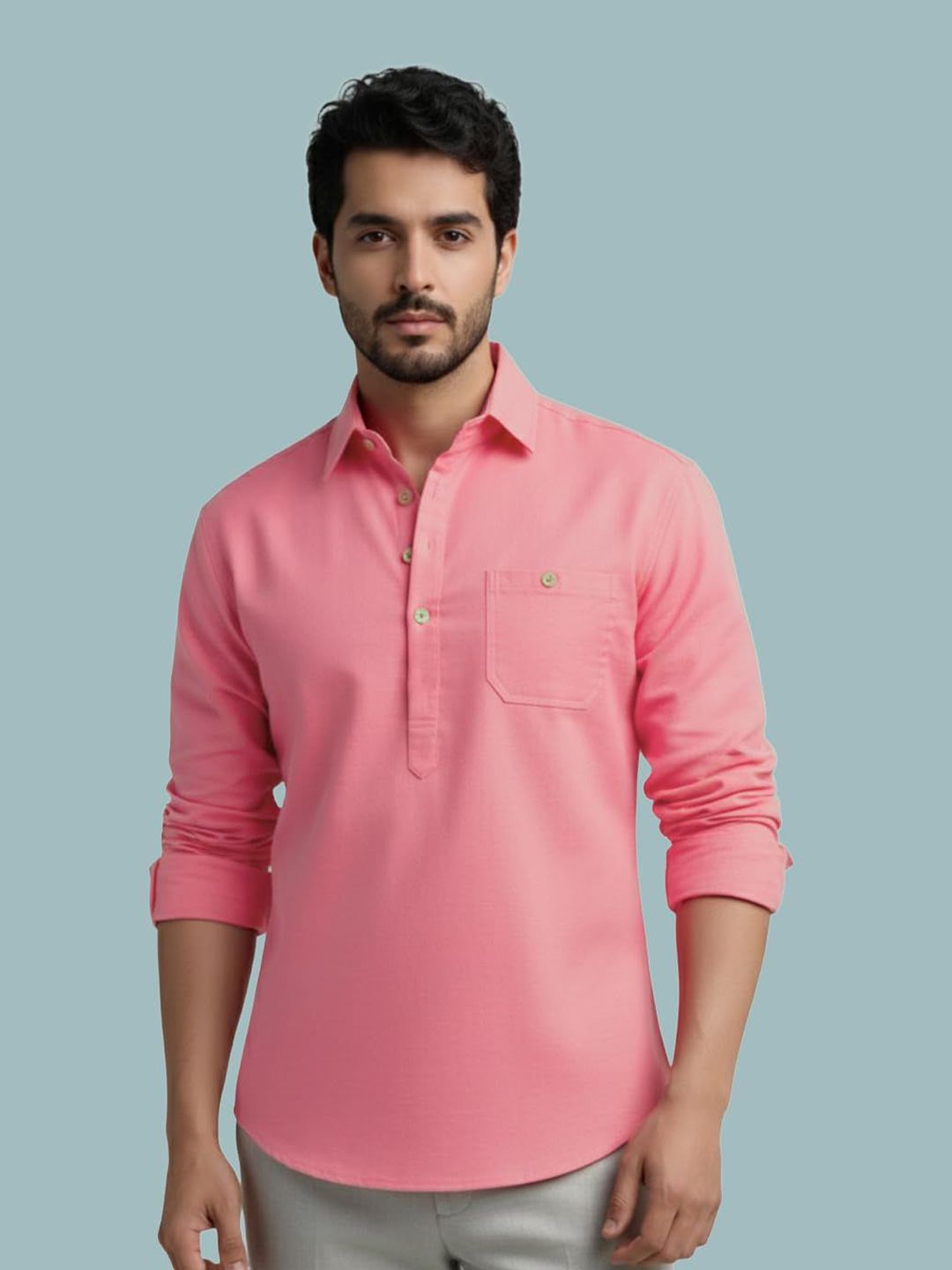 Vida Loca Shirt Collar Roll-Up Sleeves Cotton Straight Kurtas-picture-16