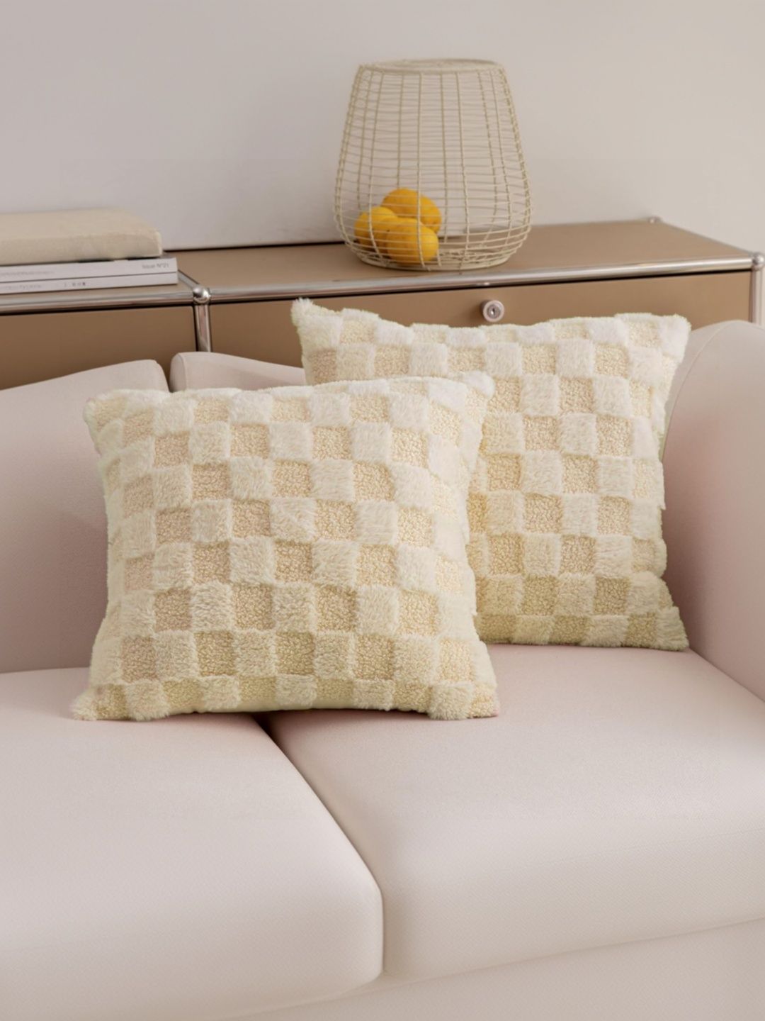 Vinayaka Fab Cream-Coloured Set of 2 Checked Square Cushion Covers-picture-44
