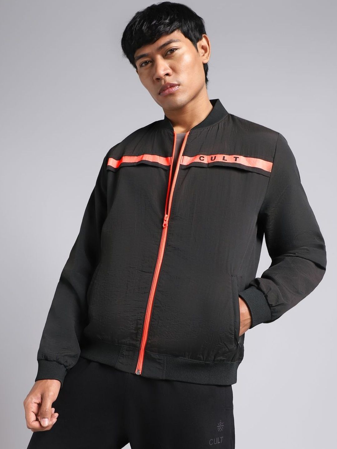 CULT Men Mock Collar Brand Logo Printed Lightweight Bomber Jacket-image-28