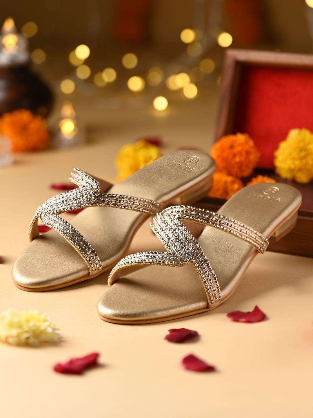 Rocia Women Hand Embroidered Zig-Zag Embellished Metallic Open Toe Flats-picture-17