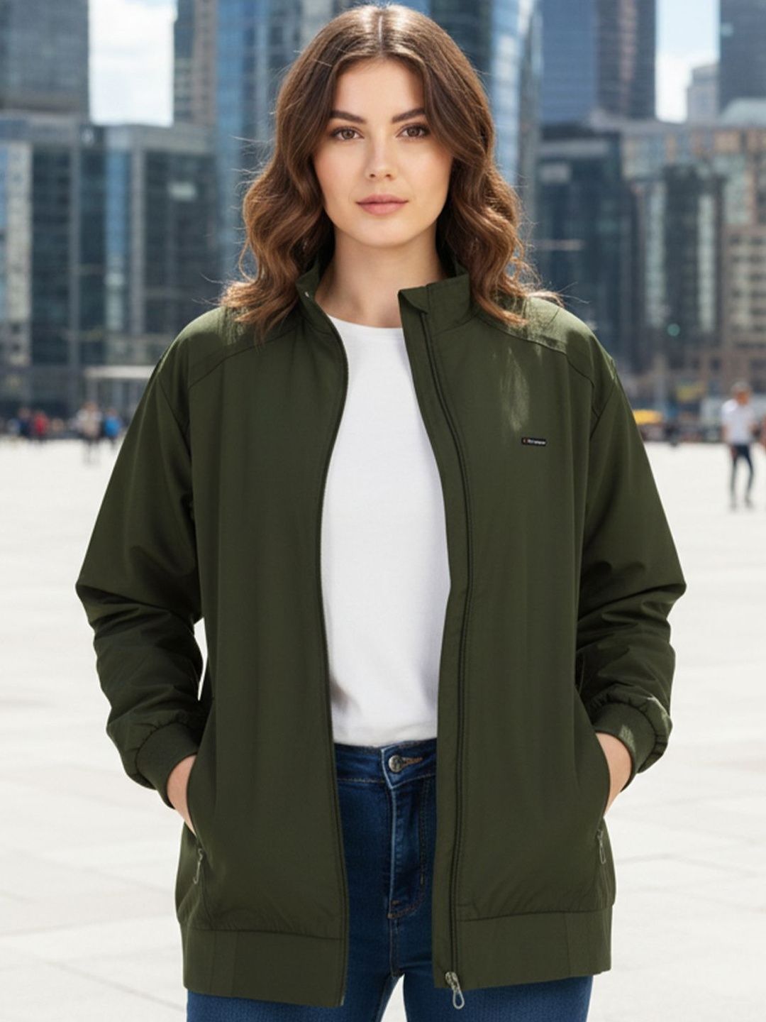 Promount Women Mock Collar Solid Lightweight Bomber Jacket-picture-58
