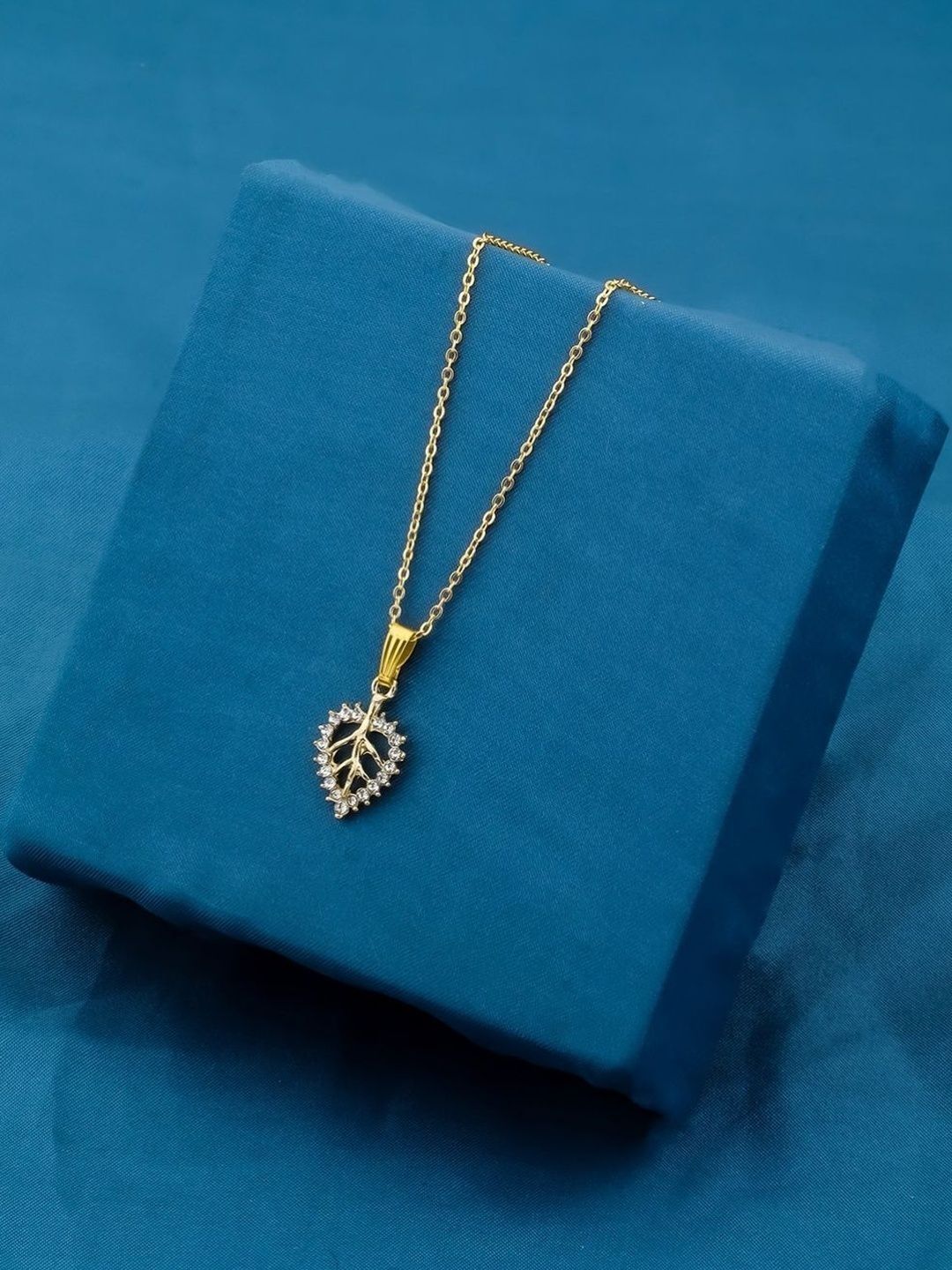 SZN Gold-Plated Leaf Shaped Artificial Stones Studded Pendant With Chain-picture-55