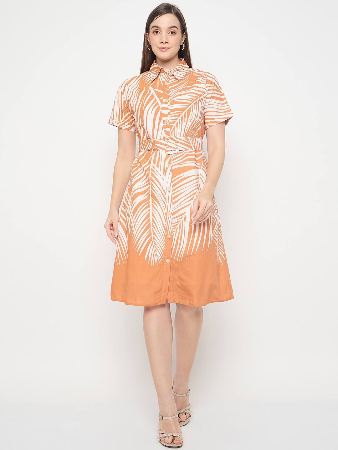 Madame Women Tropical Printed Shirt Collar Belted Shirt Dress-picture-19