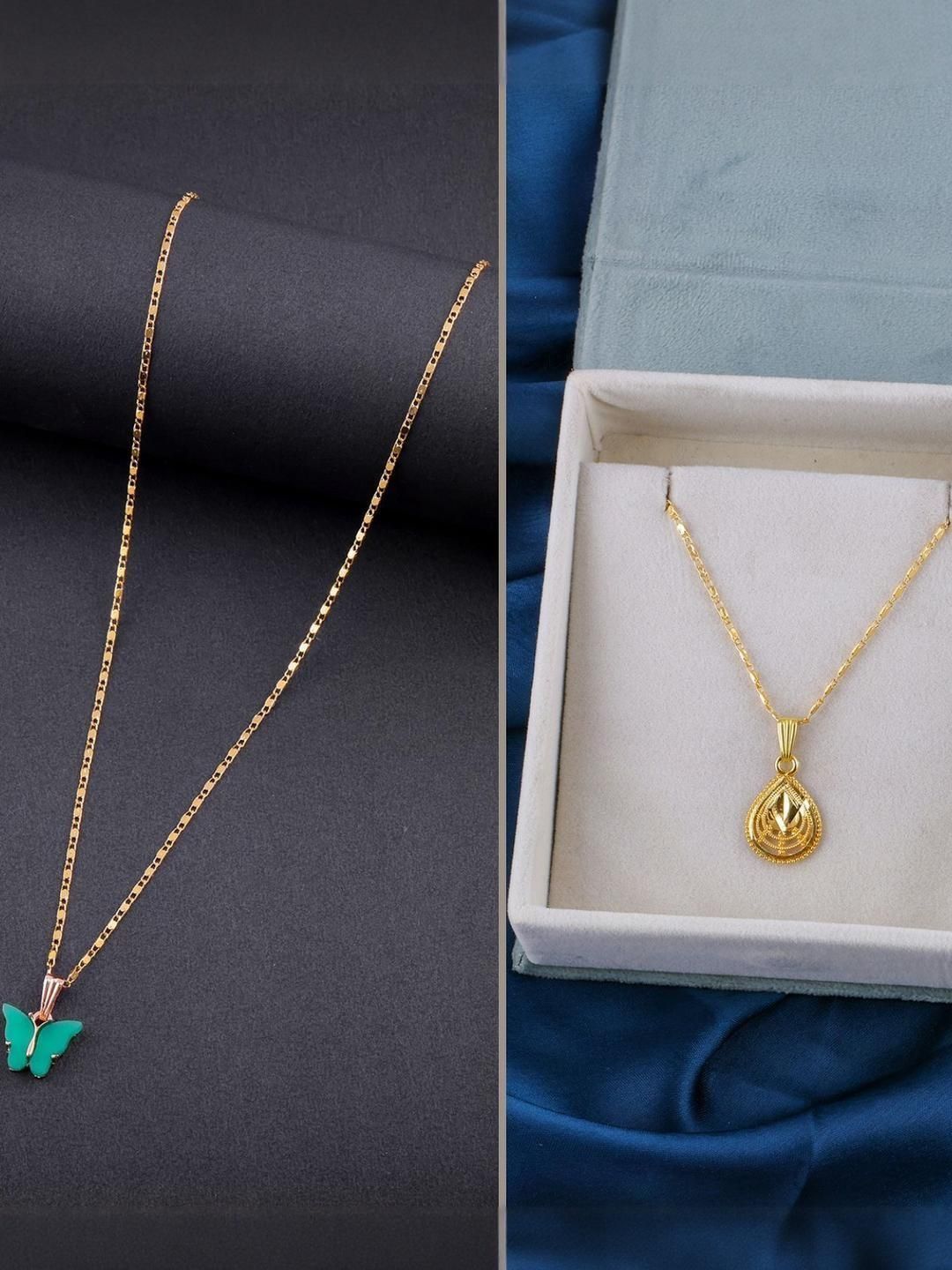 SZN Set Of 2 Gold-Plated Teardrop Shaped Enamelled Pendants With Chains-picture-40