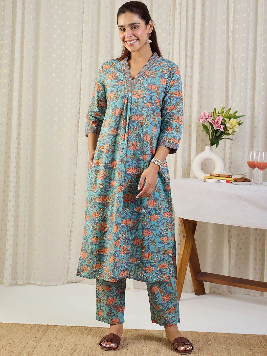 Indo Era Floral Printed V-Neck Pure Cotton A-Line Kurta With Trousers-picture-27