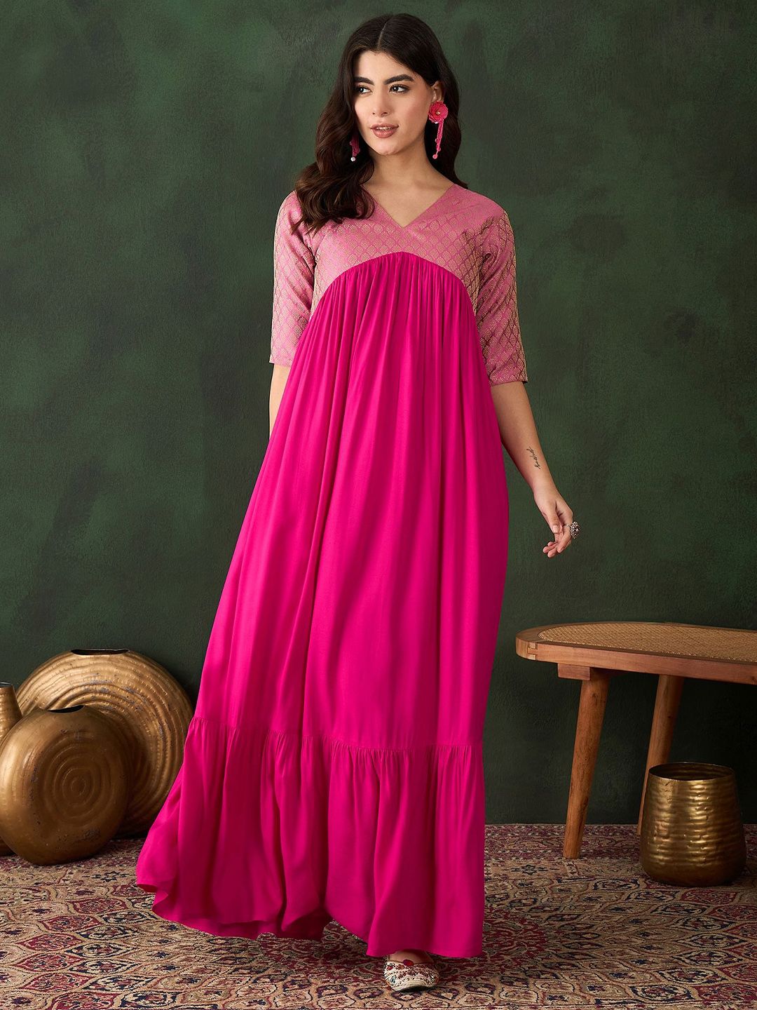 InWeave Ethnic Motifs Woven Design V-Neck Pleated Tiered Empire Maxi Dress-picture-28