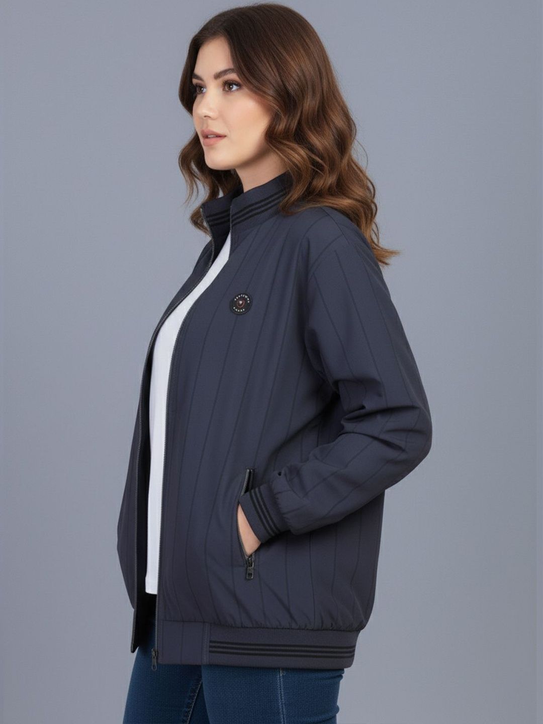 Promount Women Stand Collar Solid Striped Lightweight Bomber Jacket-picture-2