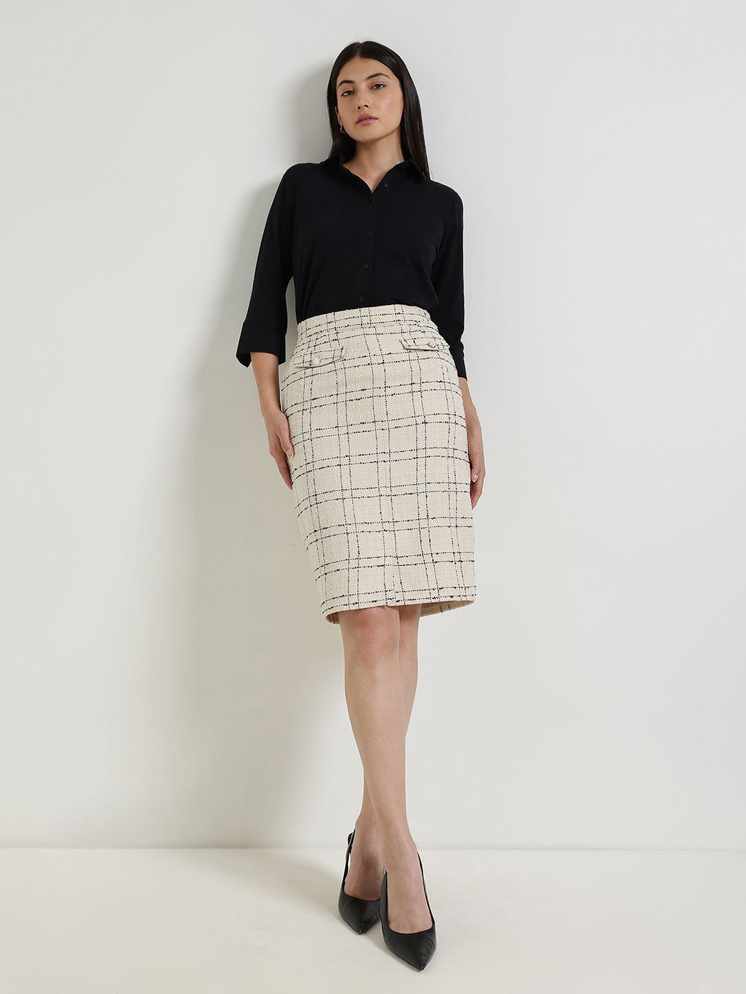 FableStreet Women Off White Checked Pencil Above Knee Skirt-picture-16