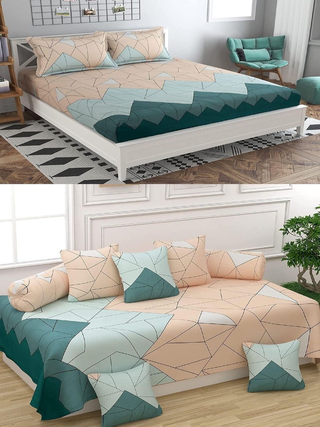 Homybees Set of 8 Peach-Coloured Geometric Printed 220 TC King Bedsheet Diwan Set-image-39