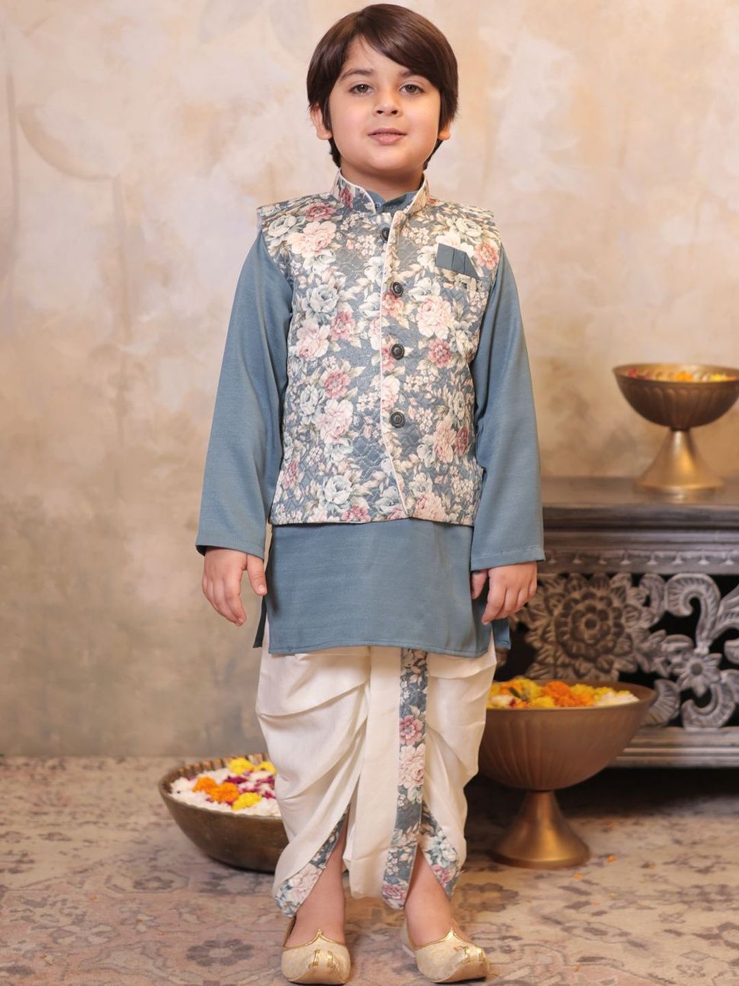 Aj DEZInES Boys Band Collar Pure Cotton Kurta With Dhoti Pant & Nehru jacket-image-21