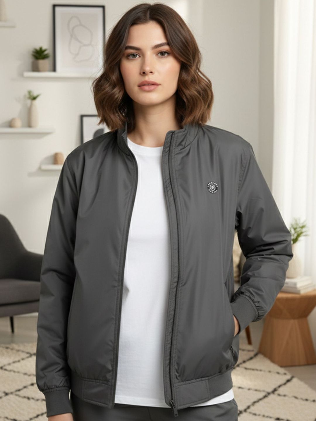 Promount Women Mock Collar Solid Windcheater Bomber Jacket-picture-10