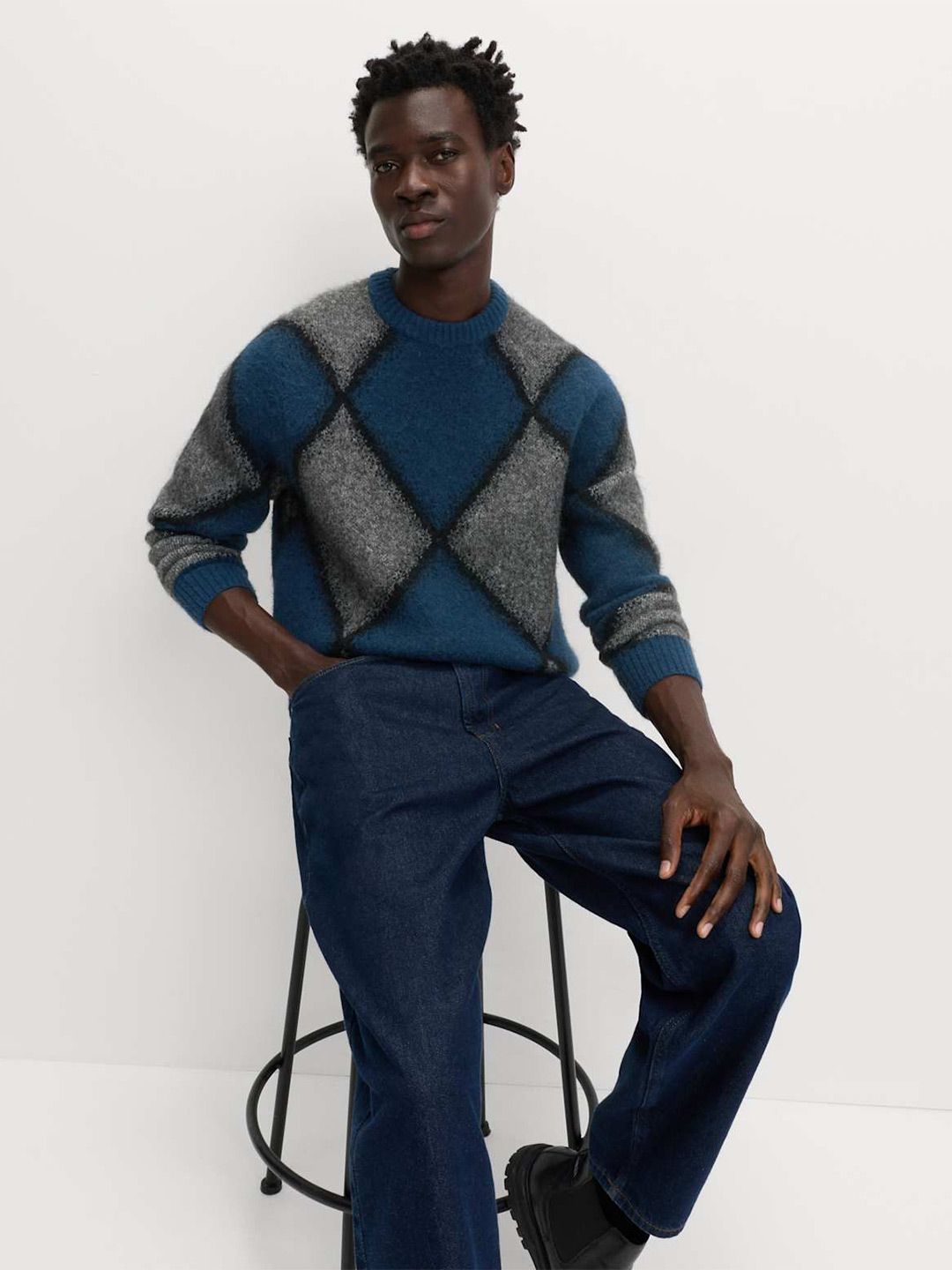 Marks & Spencer Men Hazy Exploded Argyle Crew Neck Jumper Pullover-picture-13